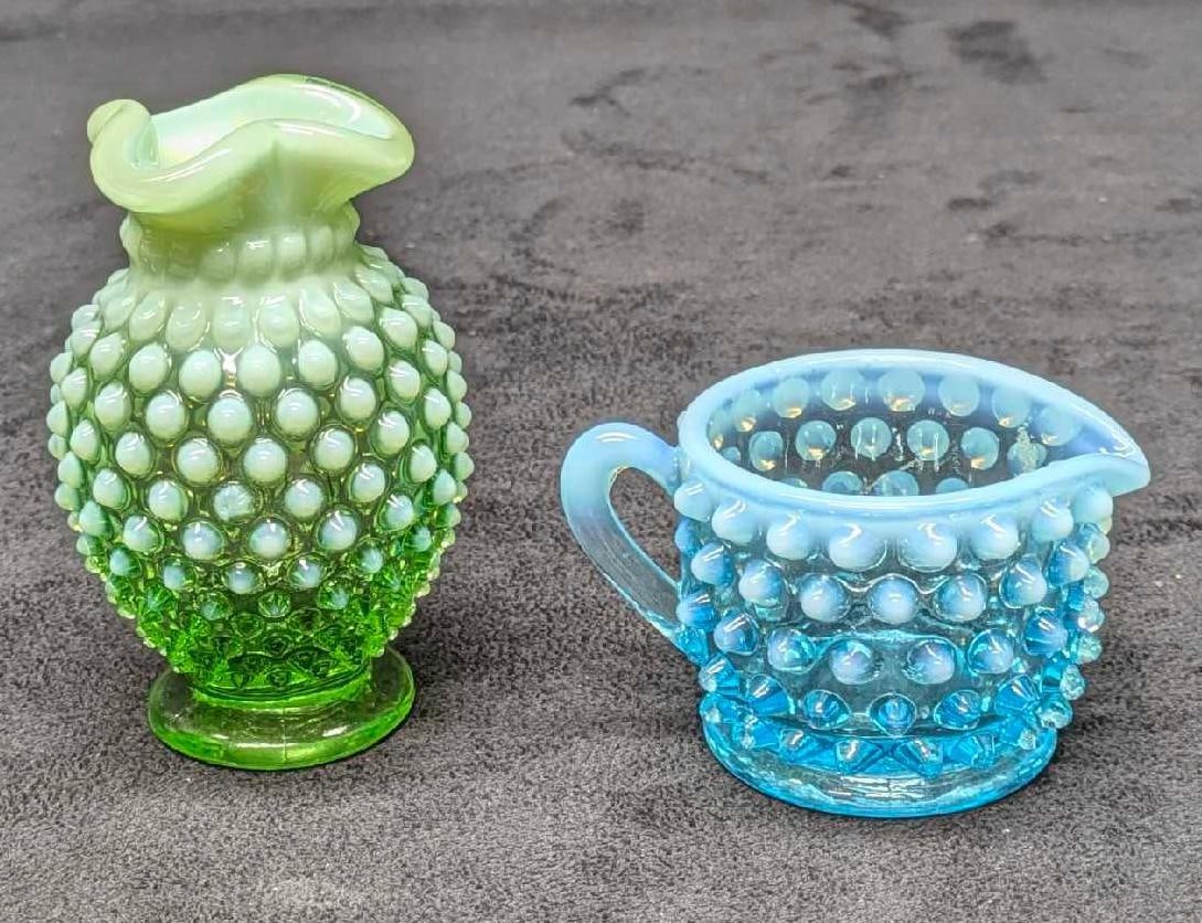 Vintage Fenton Hobnail Uranium Green Vase And Blue Creamer (1 of 8)
