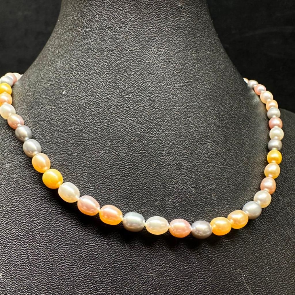 Freshwater Pearl Sterling Silver Clasp Necklace: This piece of jewelry has been tested and researched prior to listing. Please view all our pictures they are part of our description. DETAILS: Metal - Sterling Silver Color -Silver Stones - none Hallm