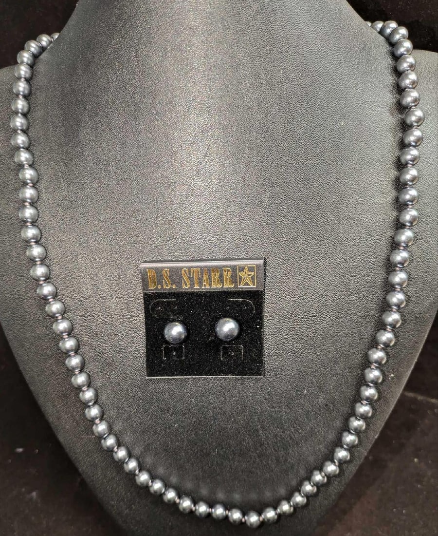 D.S. Starr Faux Pearl Bead Necklace And Earrings: D.S. Starr Faux Pearl Bead Necklace And Earrings. The earrings with the package are approx 2" x 1/2" x 2" and the necklace is 28". 
