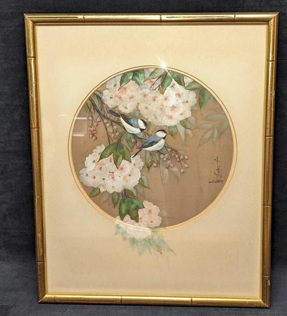 Framed Original John Cheng Watercolor On Silk Birds B (1 of 8)