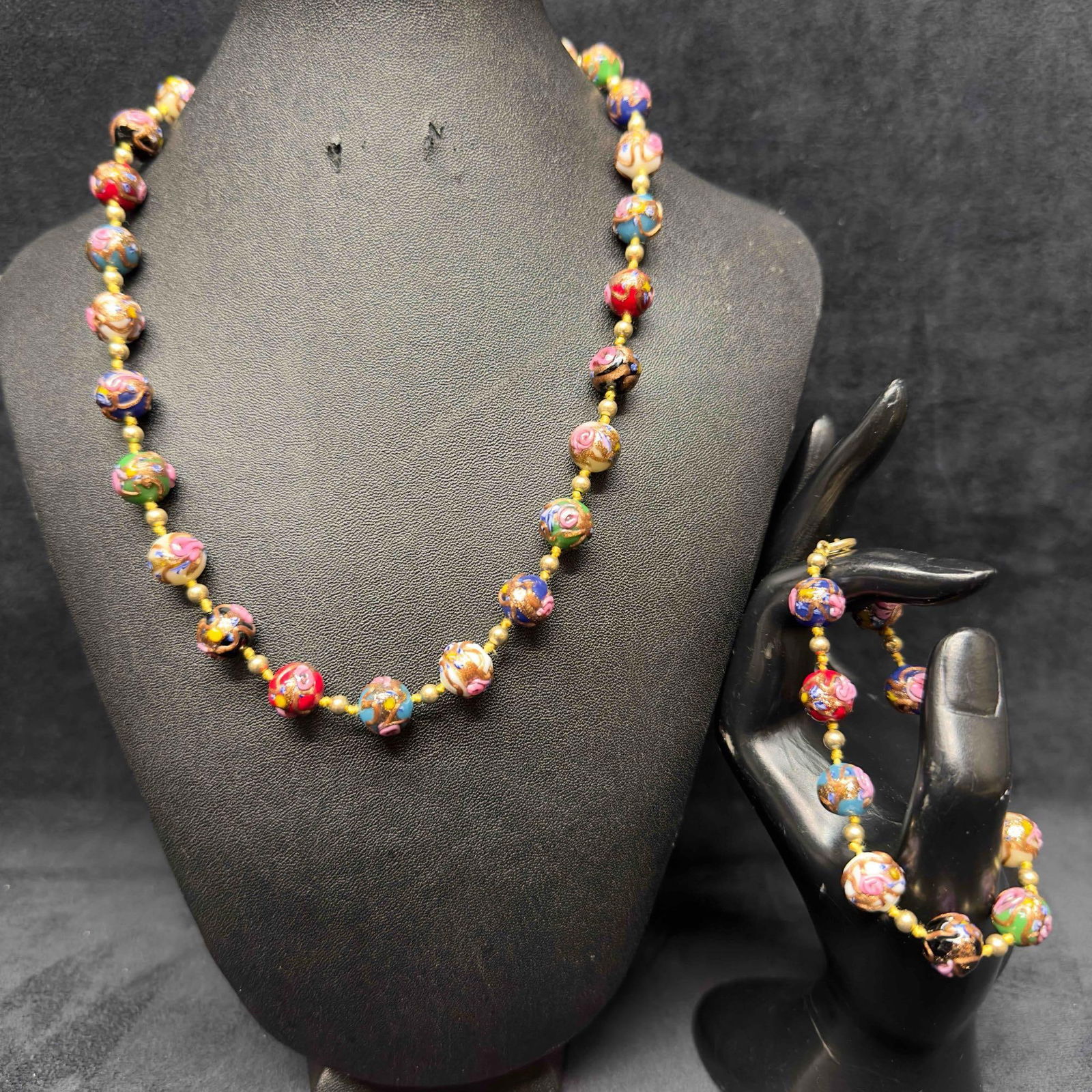 Venetian Murano Lamp Work Glass Multi Colored Round Beaded Long Necklace and Floral Bracelet Set E21 (1 of 12)