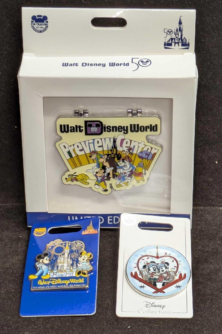 3 Disney Mickey Mouse: This lot includes: (1) Walt Disney World Limited Edition Preview Center Large Pin. This one is limited to 3000. The pin comes in the original box that is approx 4 3/4" x 1" x 6 1/4". (1)