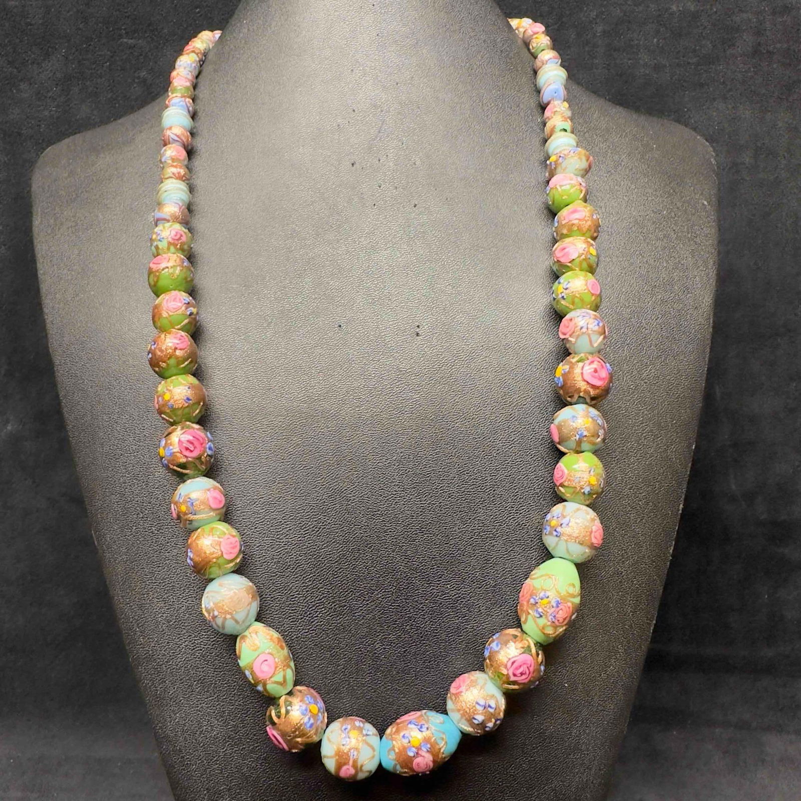 Venetian Murano Art Glass Lamp Work Multi Color Floral Bead Copper Fiorato Long Beaded Necklace E42 (1 of 9)