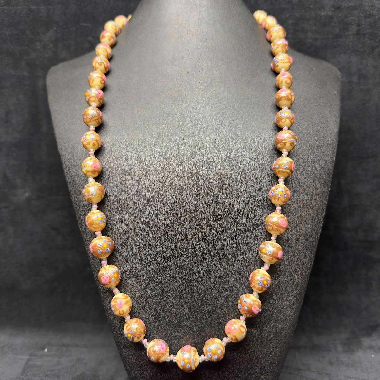 Venetian Murano Art Glass Lamp Work Cream Bead Pink Fiorato Copper Accent Beaded Long Necklace E24 (1 of 9)