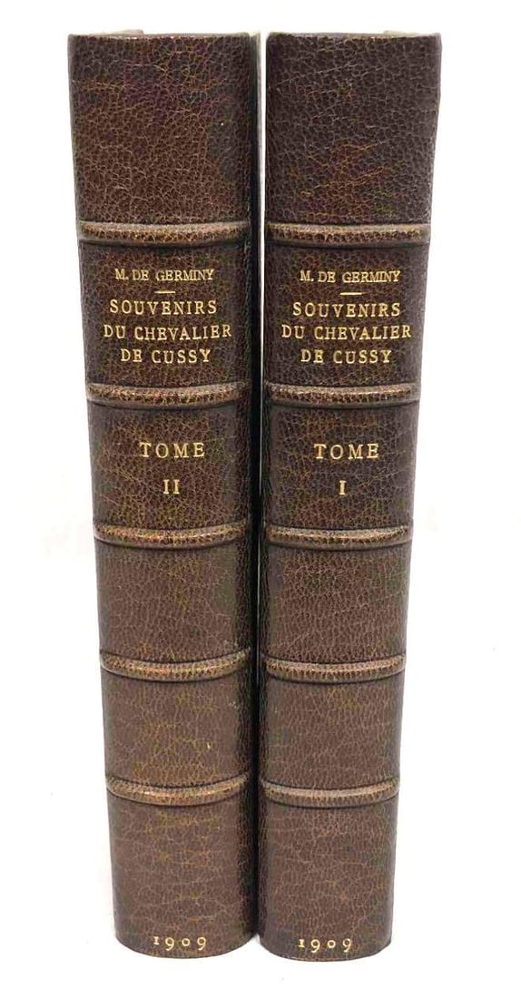 M. De Germiny Souvenirs Du Chevalier De Cussy By Tome Vol. 1 & 2 1909 Decorative Hardcover: This lot contains volume 1 & 2 of Souvenirs Du Chevalier De Cussy by Tome 1909 decorative hardcovers. Each book is approx 9" x 5 3/4" and together they weigh about 4.1lbs. Overall the book