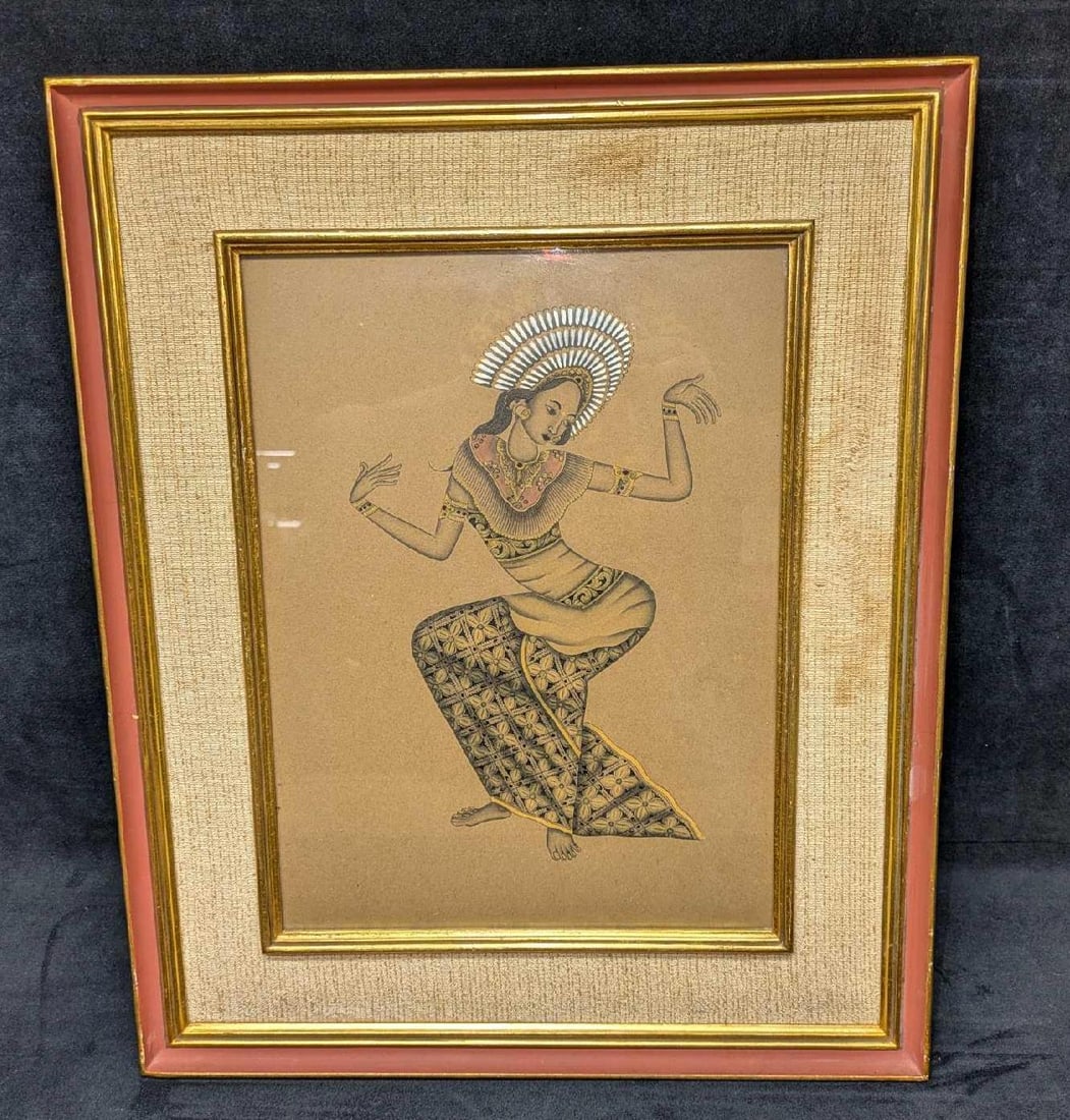 Framed Ketut Rudin Original Lady Dancer: Framed Ketut Rudin Original Lady Dancer. This was washed ink, heightened with gold ink on paper. The framed original is approx 14 3/4" x 3/4" x 18 1/4" and it weighs 2.30lbs. The frame has some chips 