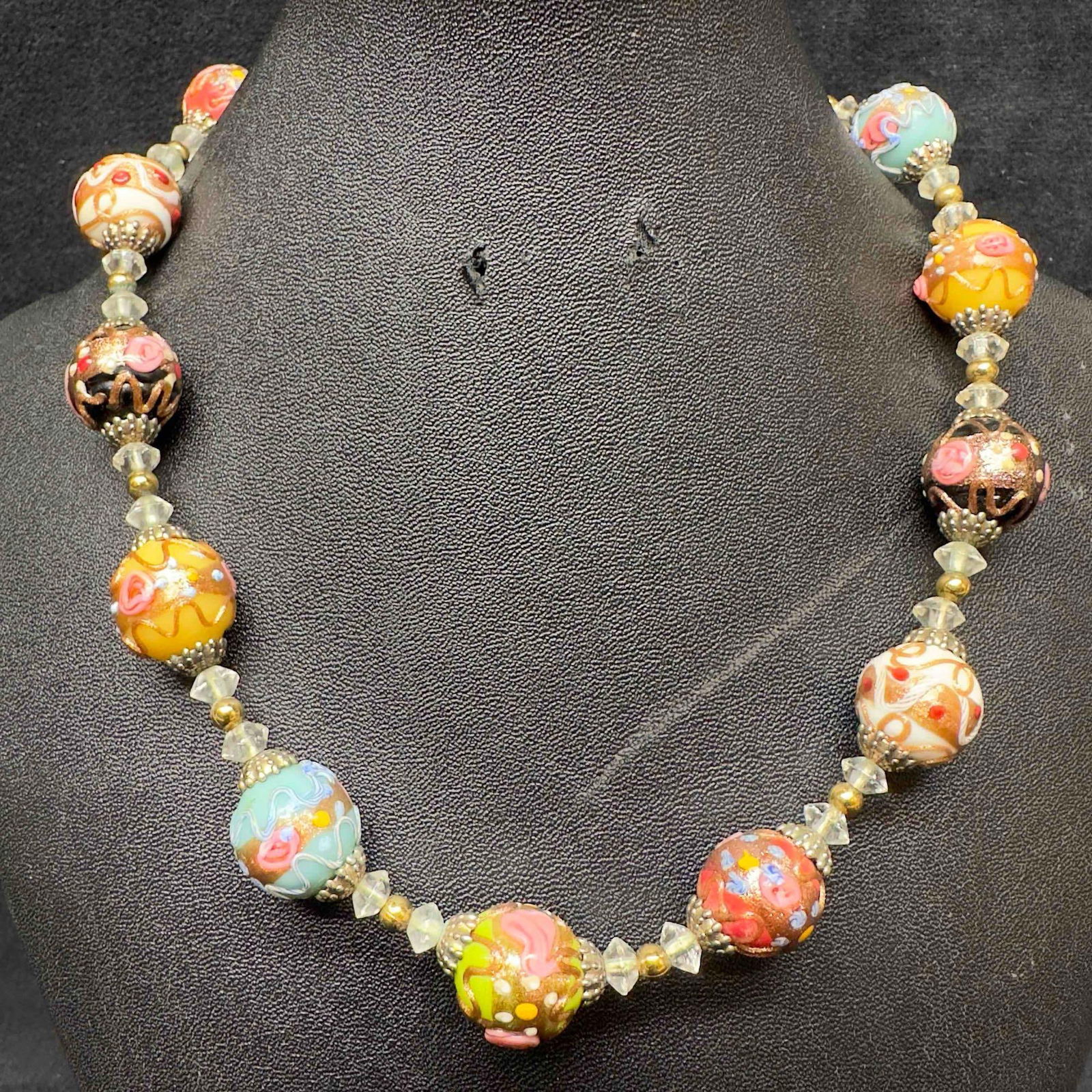Venetian Murano Art Glass Lamp Work Small Multi Colored Round Beaded Necklace E28 (1 of 8)