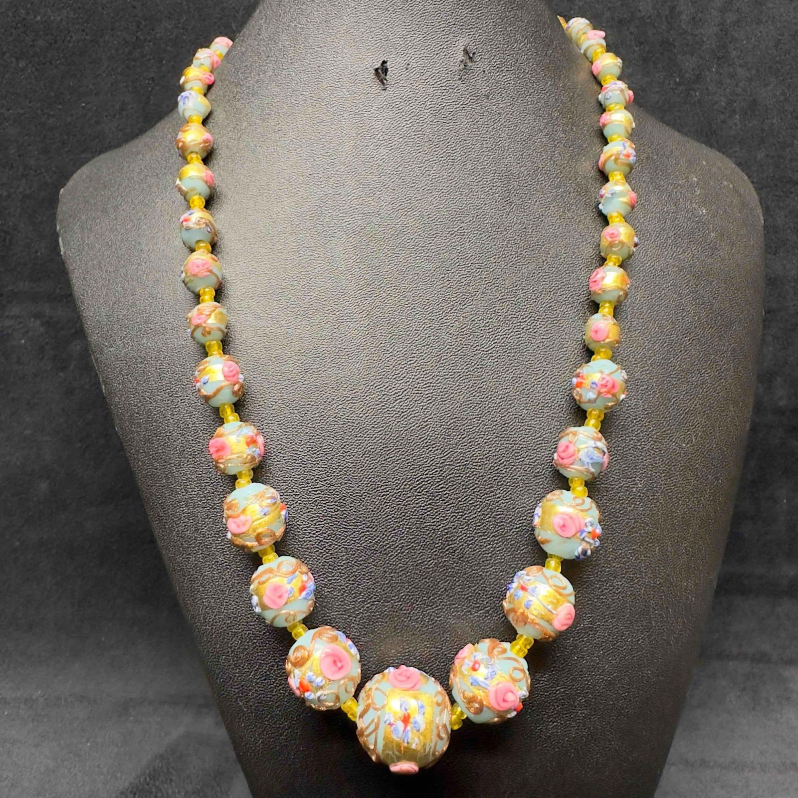 Venetian Murano Art Glass Lamp Work Light Blue Colored Round Floral Beaded Necklace E29 (1 of 8)