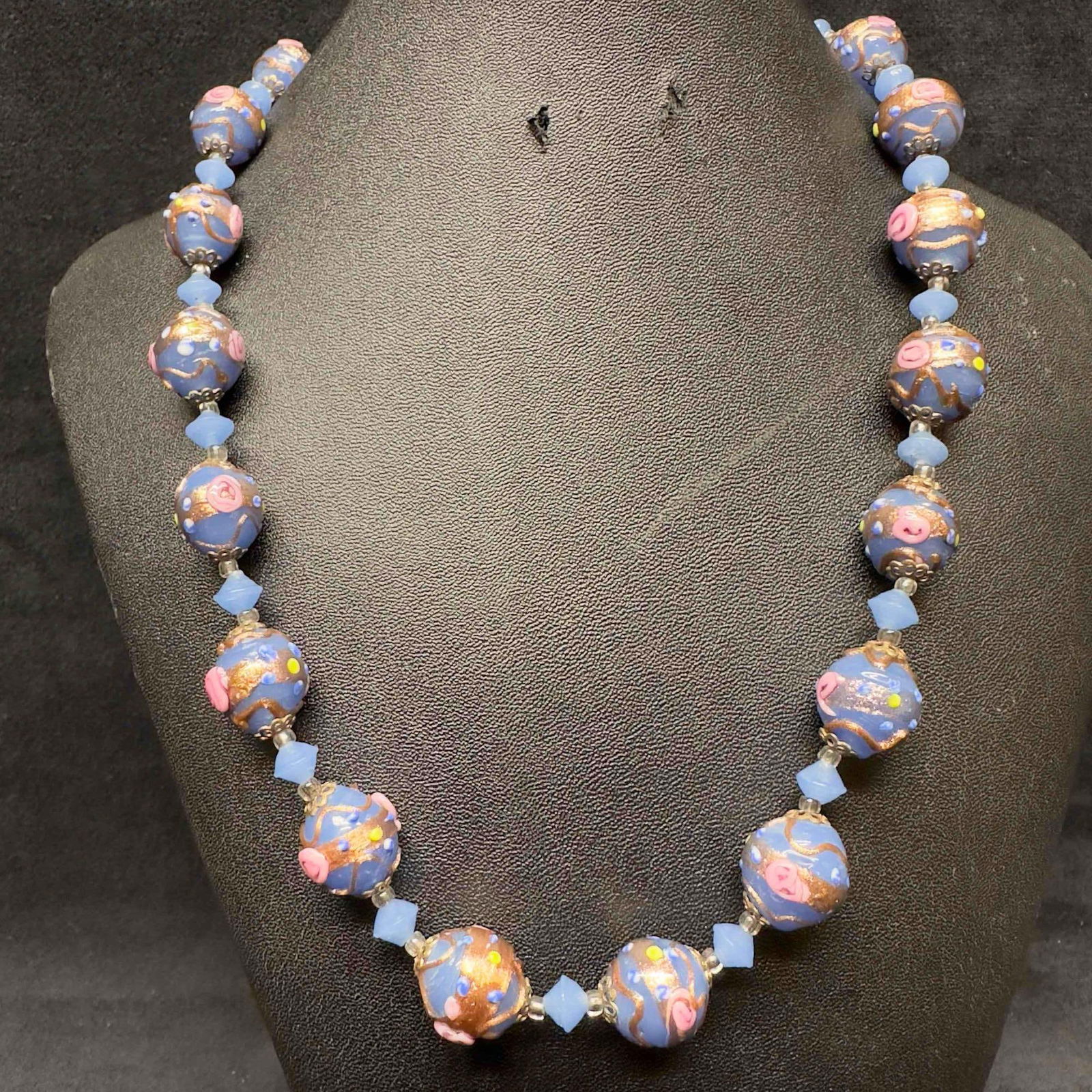 Venetian Murano Art Glass Lamp Work Blue Round Pink Copper Fiorato Floral Beaded Necklace E30 (1 of 8)