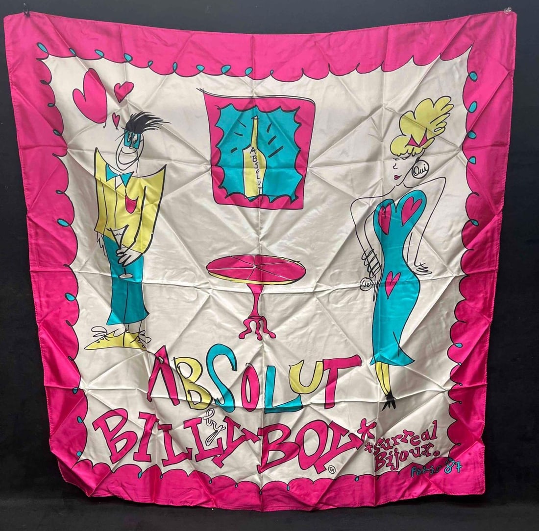 Absolut Vodka 100% Soie Silk Scarf Billy Boy Paris & Pin(C): This lot contains a Absolut Vodka 100% Soie Silk Scarf Billy Boy Paris & Pin(C). It is approx 7" x 5 1/2" when folded up and the total weight is 2.3oz. Overall the scarf is in excellent used cond