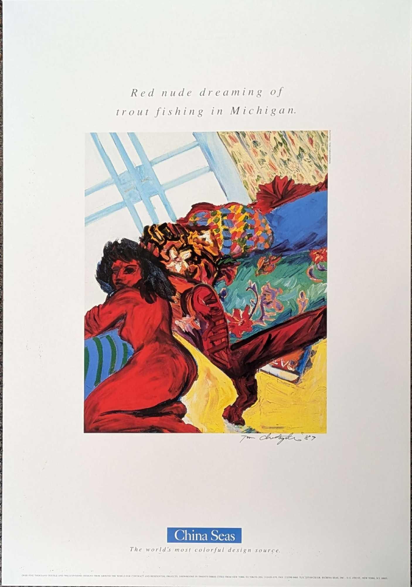 Tom Christopher Signed Red Nude Dreaming Of Trout Fishing In Michigan Poster: Tom Christopher Signed Red Nude Dreaming Of Trout Fishing In Michigan Poster. The poster is approx 19" x 28" and it weighs 0.10lb. The poster has some creases from storage. The poster was signed by th