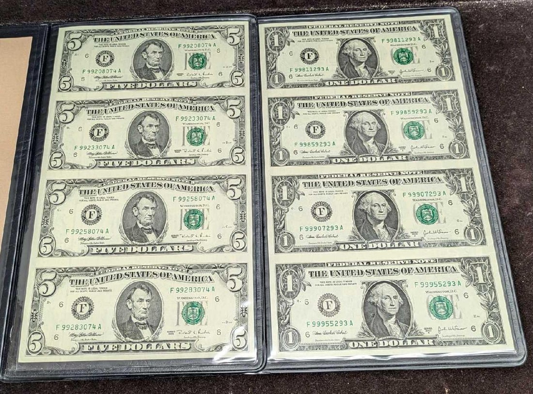 World Reserve Monetary Exchange Uncut Sheet $1 & $5 Bills (1 of 8)