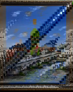 John Pacovsky Acrylic On Canvas Absente Absinthe: John Pacovsky Acrylic On Canvas Absente Absinthe. This was inspired by Alfred Sisley's "The Bridge At Moret". The framed original that was Commissioned by Absente brand absinthe, is appro