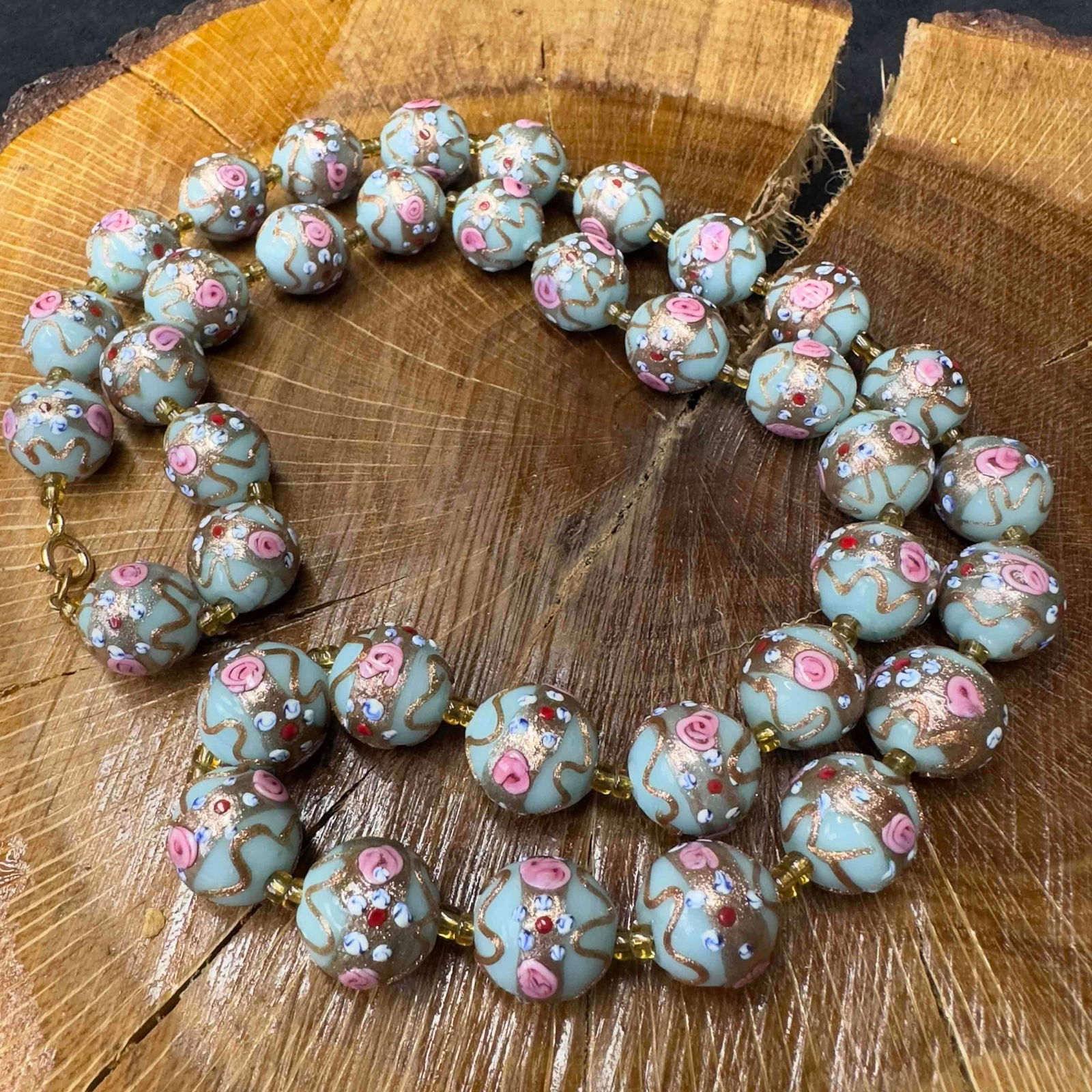 Murano Venetian Lamp Work Glass Fiorato Baby Blue Round Bead Beaded Necklace Floral A24 (1 of 8)