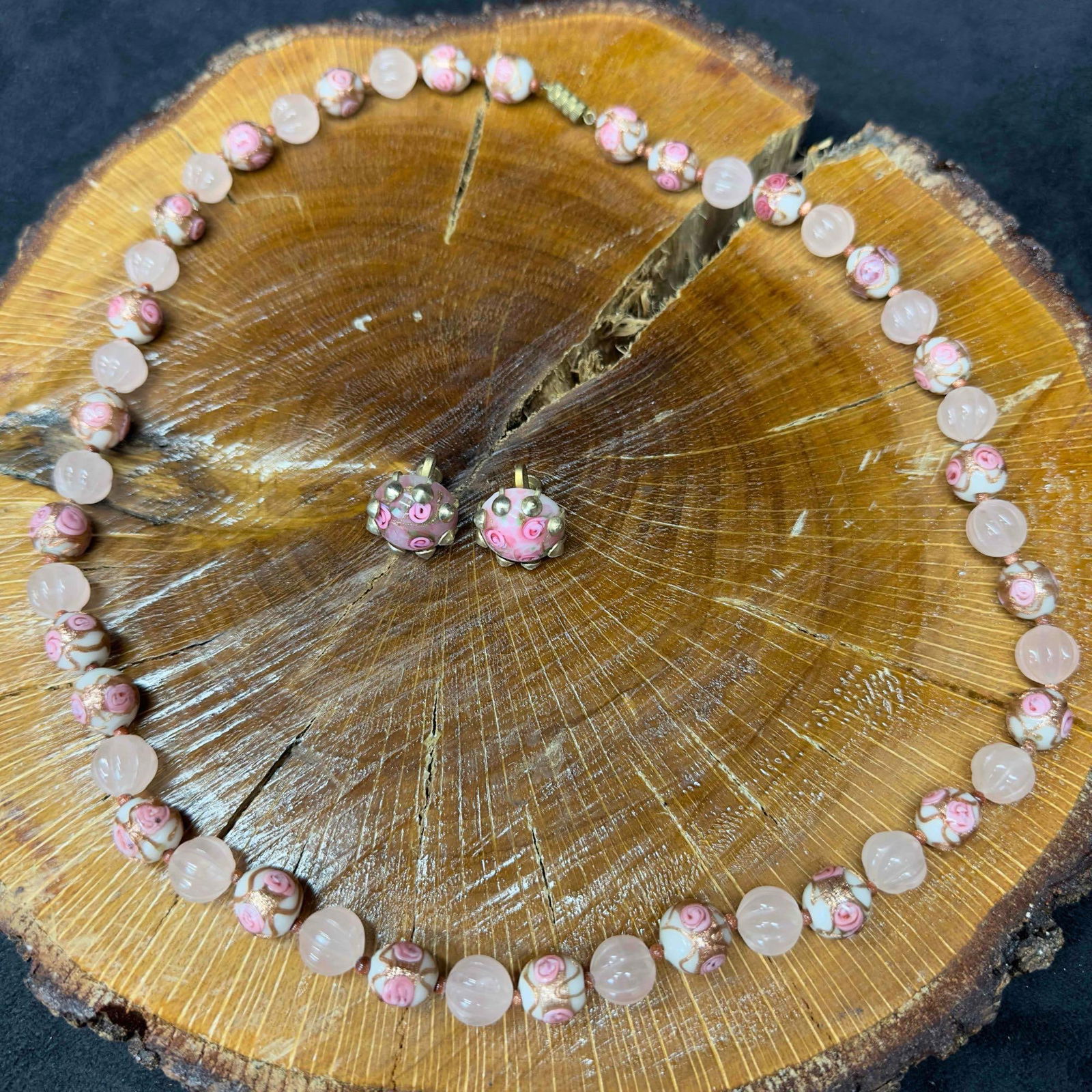 Murano Venetian Lamp Work Glass Fiorato Pink White Bead Beaded Necklace and Earrings Floral Set A29 (1 of 9)