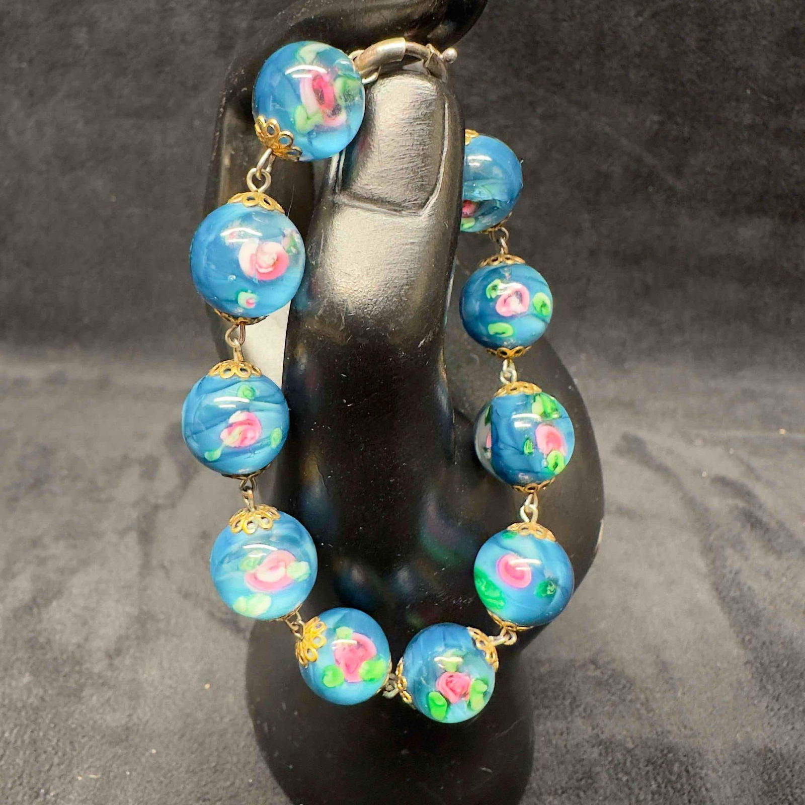 Venetian Murano Lamp Work Glass Blue Pink Flower Round Bead Bracelet (1 of 8)