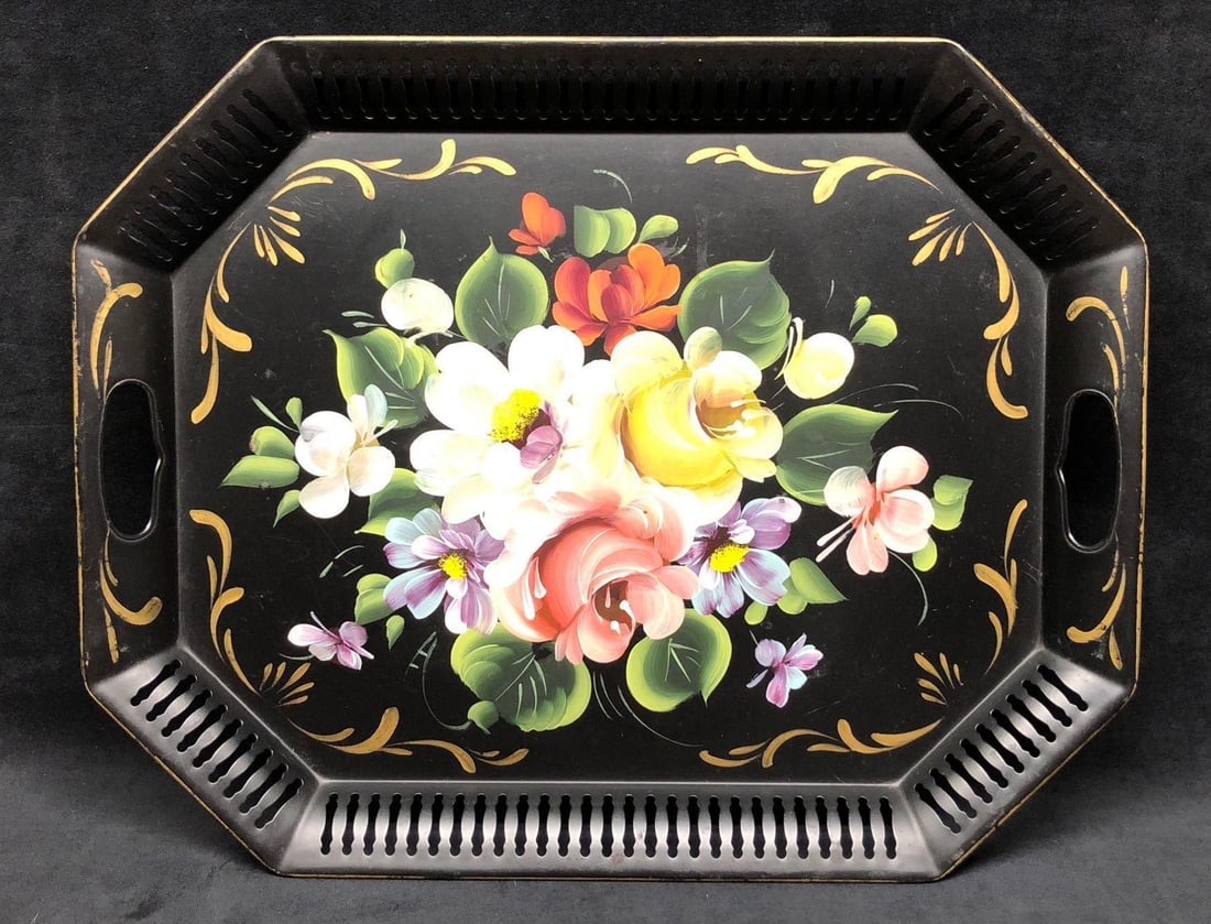Vintage Toleware Serving Tray - Black and Gold with Hand Painted Flowers and Lattice Trim (1 of 6)