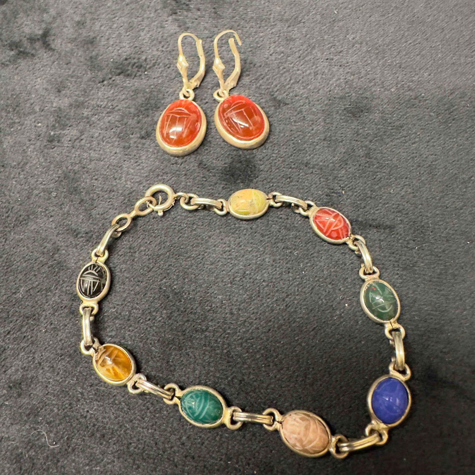 Scarab Beetle Egyptian Hieroglyphs Gemstones Sterling Silver Bracelet and Earrings Set SG (1 of 13)