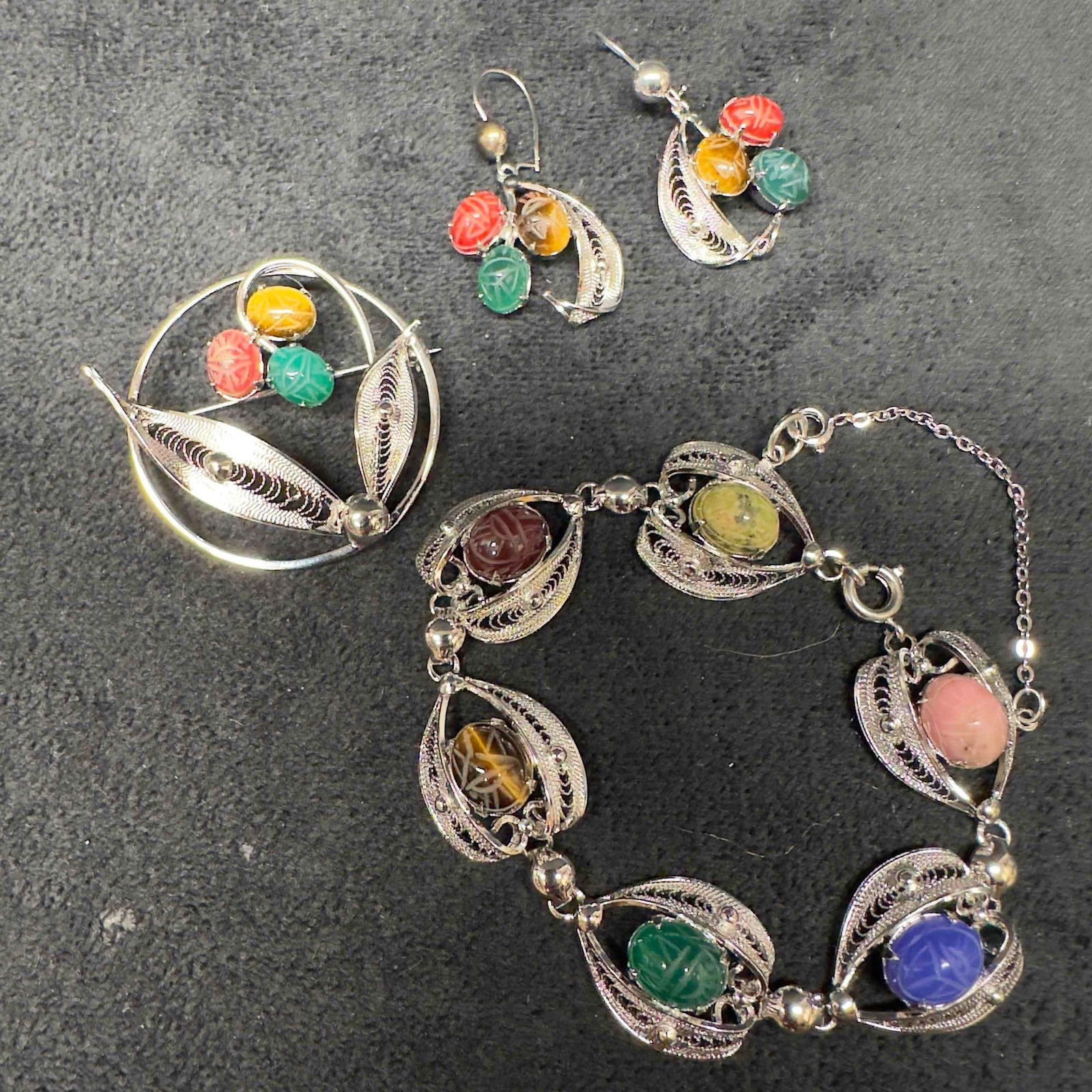 Egyptian Hieroglyphs Gemstones Scarab Beetle Sterling Silver Bracelet Brooch and Earrings Set (1 of 13)