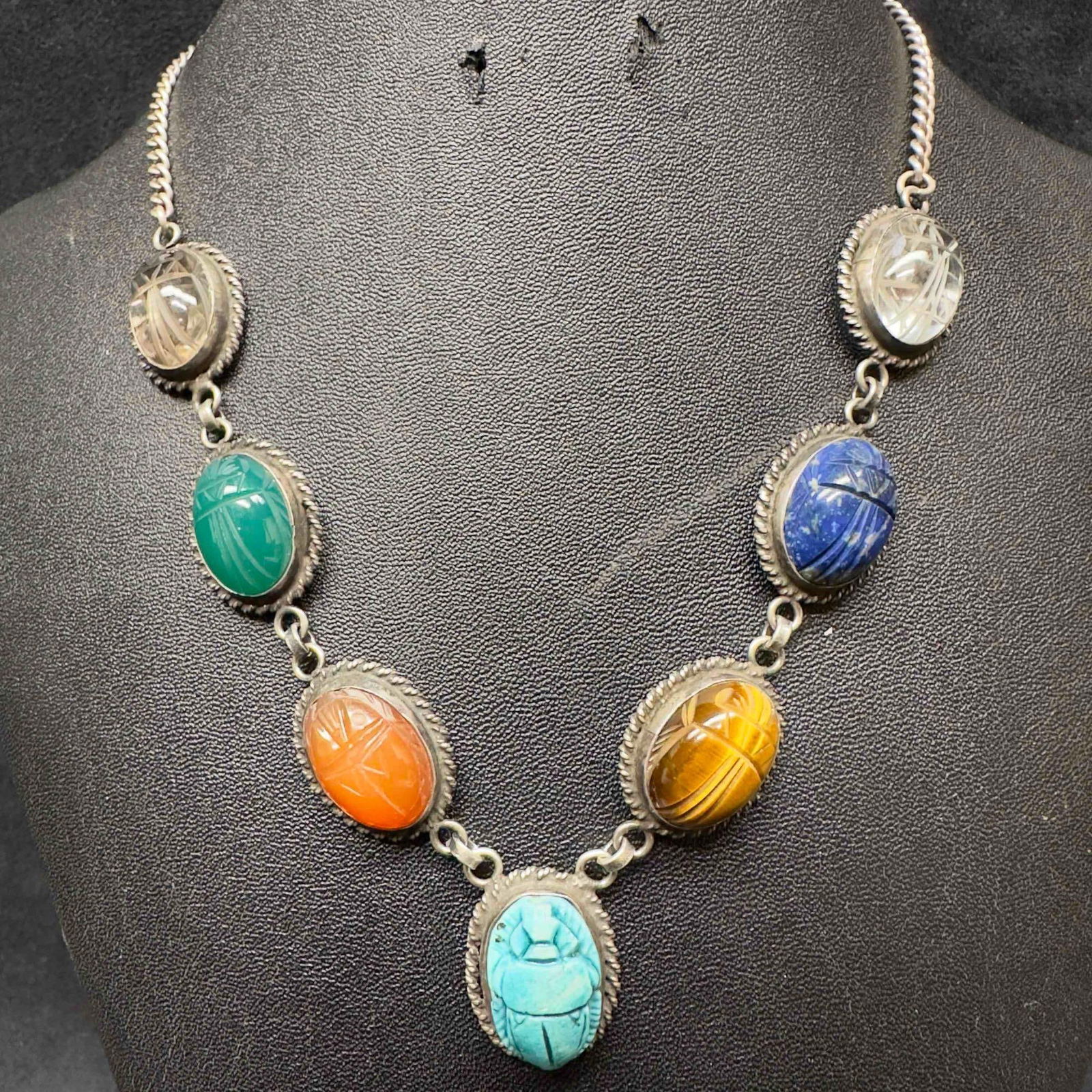 Scarab Beetle Gemstone Seven Egyptian Hieroglyphs Gemstones Sterling Silver Necklace (1 of 8)