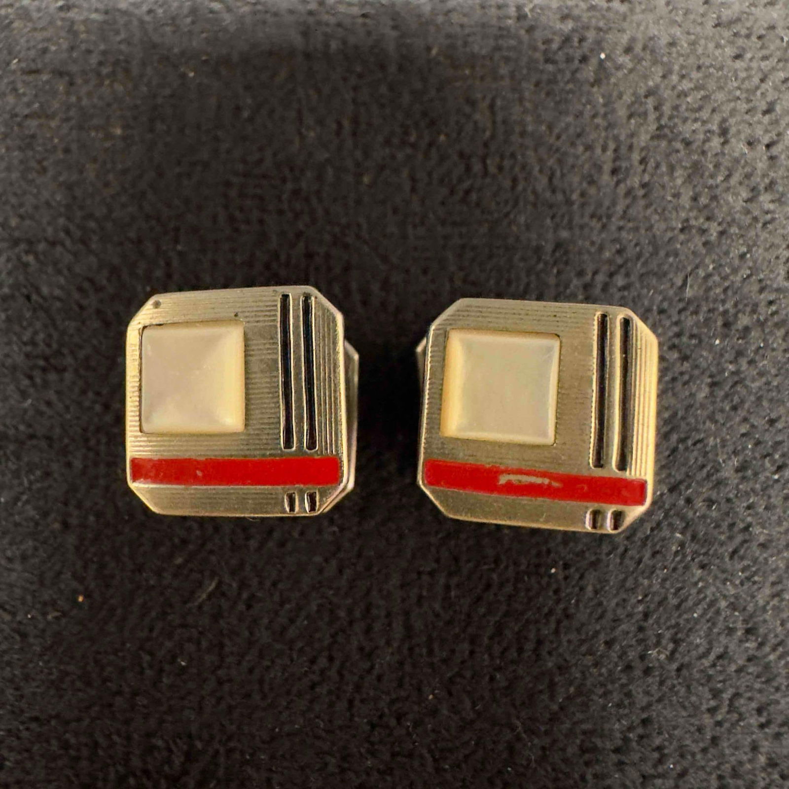 Antique Kum A Part B & W Co. Pat 1923 Snap Together Cuff Links Black Red Pearl (1 of 8)