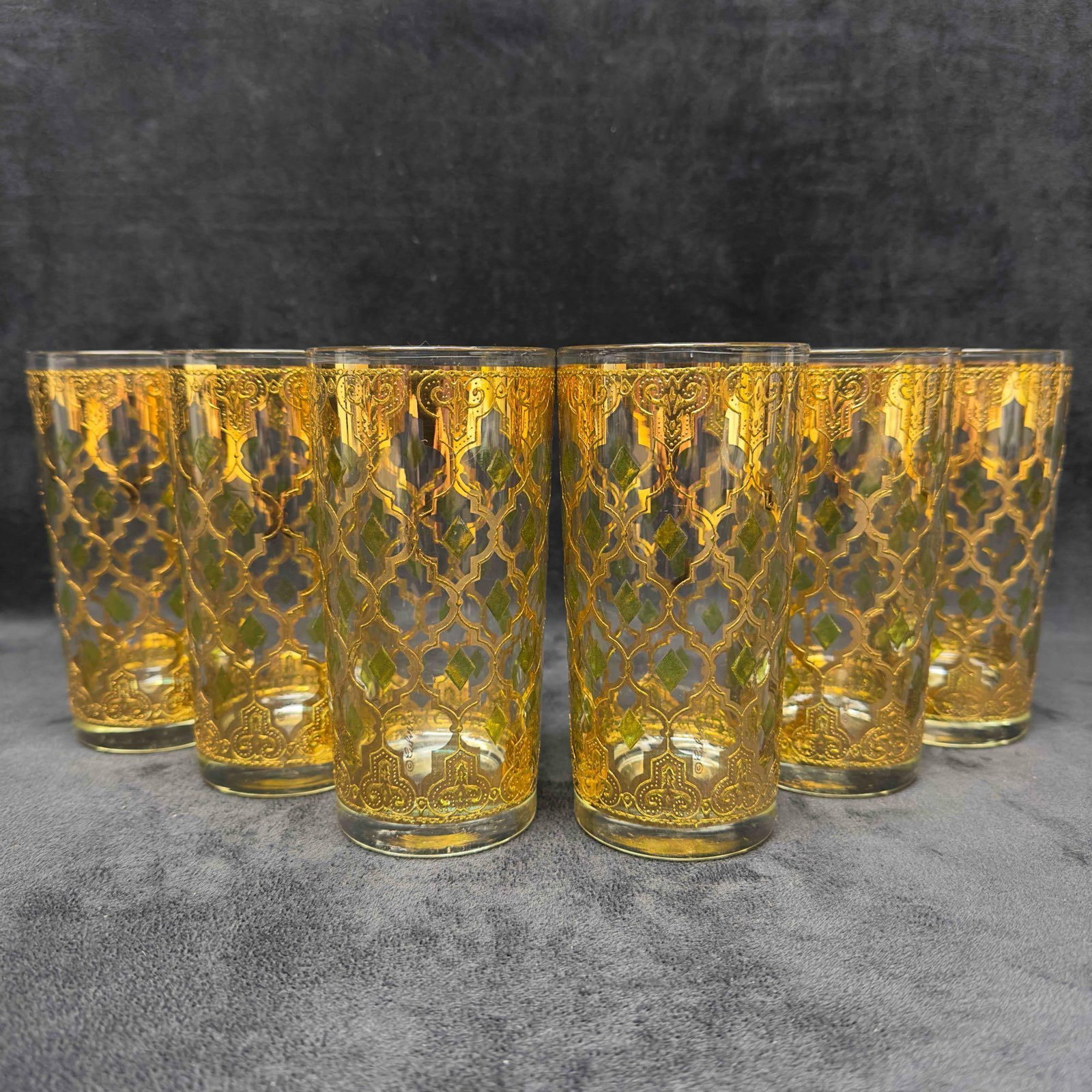 Culver Valencia 22K Highball Glassware Green Diamond Set of Six 6 Mid Century Modern Glass Cups (1 of 13)