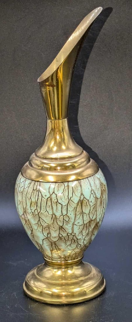 Vintage Porcelain And Brass Delft Vase: Vintage Porcelain And Brass Delft Vase. This is approx 3 1/2" x3 1/2" x 10" and it weighs 0.62lb. There is some tarnish on the brass. The maker and date of creation is unknown.