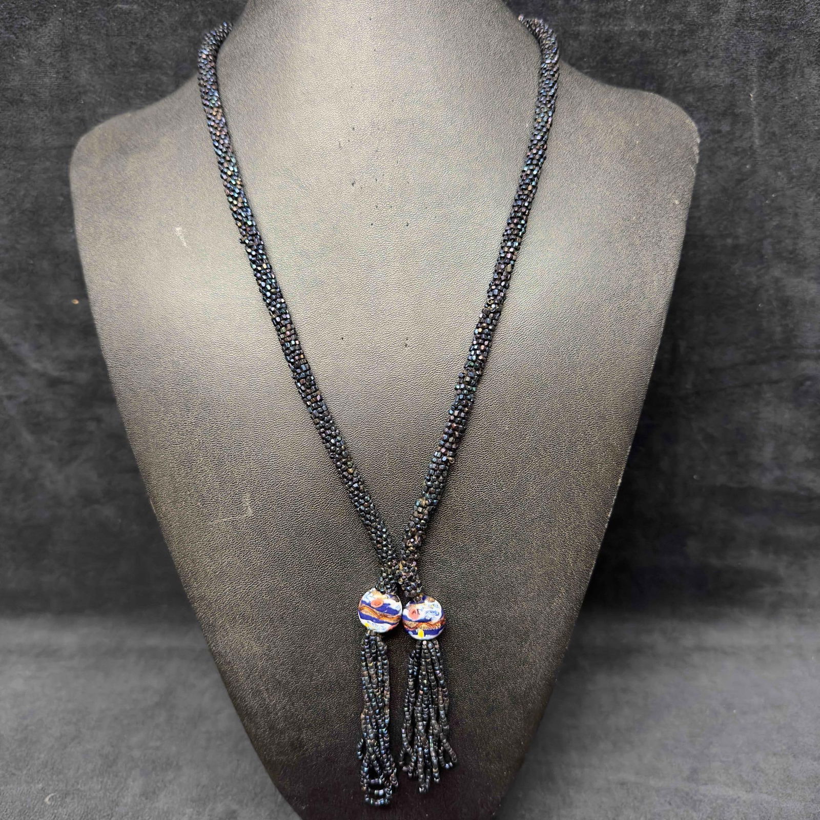 Murano Venetian Lamp Work Glass Bead Blue Floral Two Beaded Necklace A75 (1 of 9)