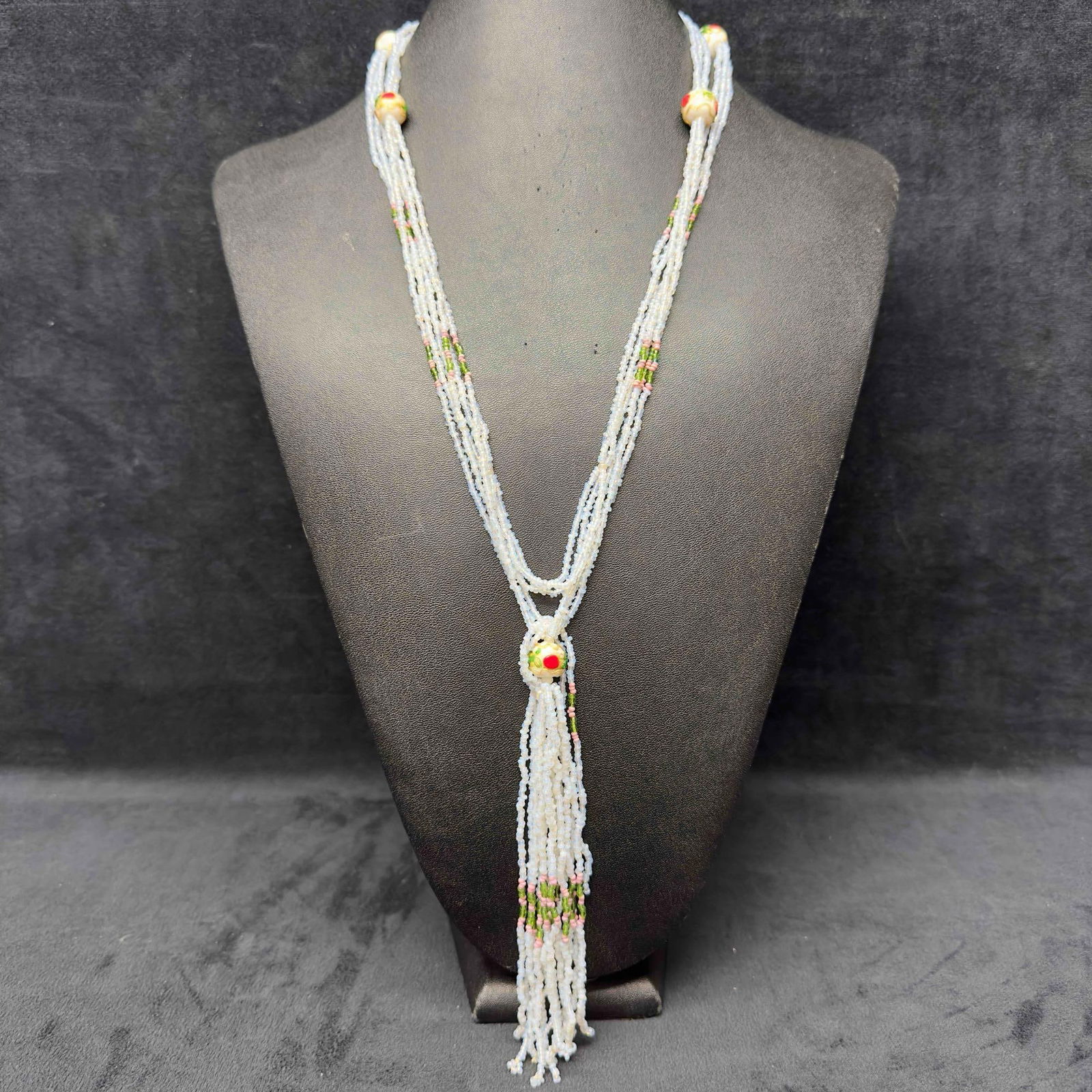 Murano Venetian Lamp Work Glass Art White Bead Floral Accent Pendant Beaded Long Necklace E87 (1 of 14)