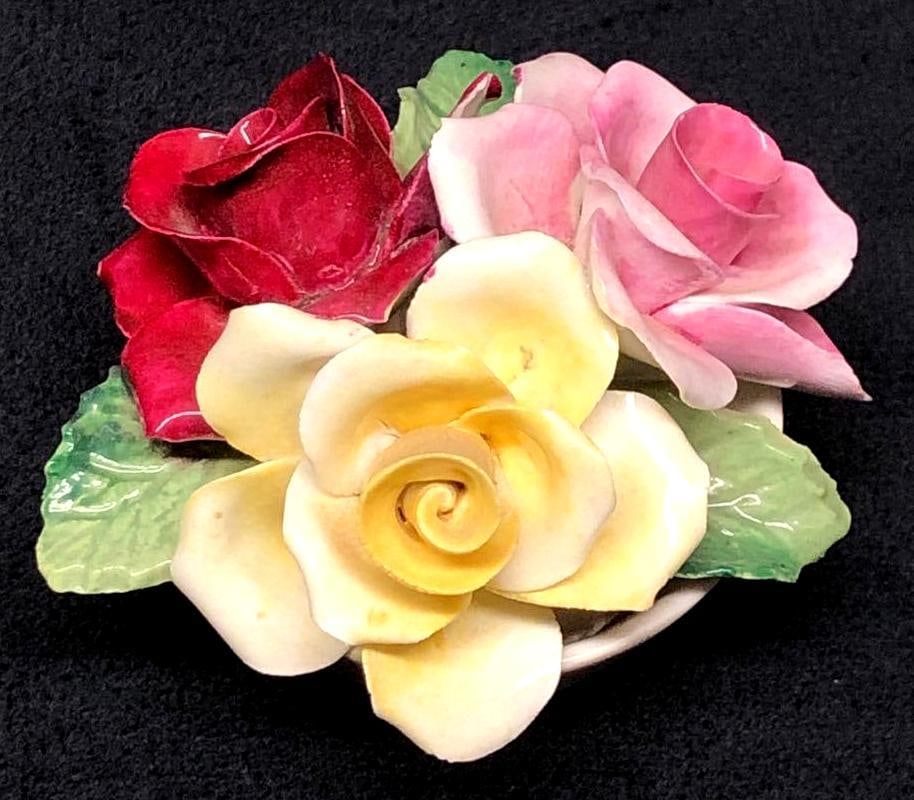 Crown Staffordshire Fine Bone China Rose Bouquet: Crown Staffordshire Fine Bone China Rose Bouquet - Hand Modelled and Hand Painted. Made in England. It is approx 1-1/2" x 3" x 2-1/2" and it weighs 0.2lbs. The Fine Bone China is in a used, vinta