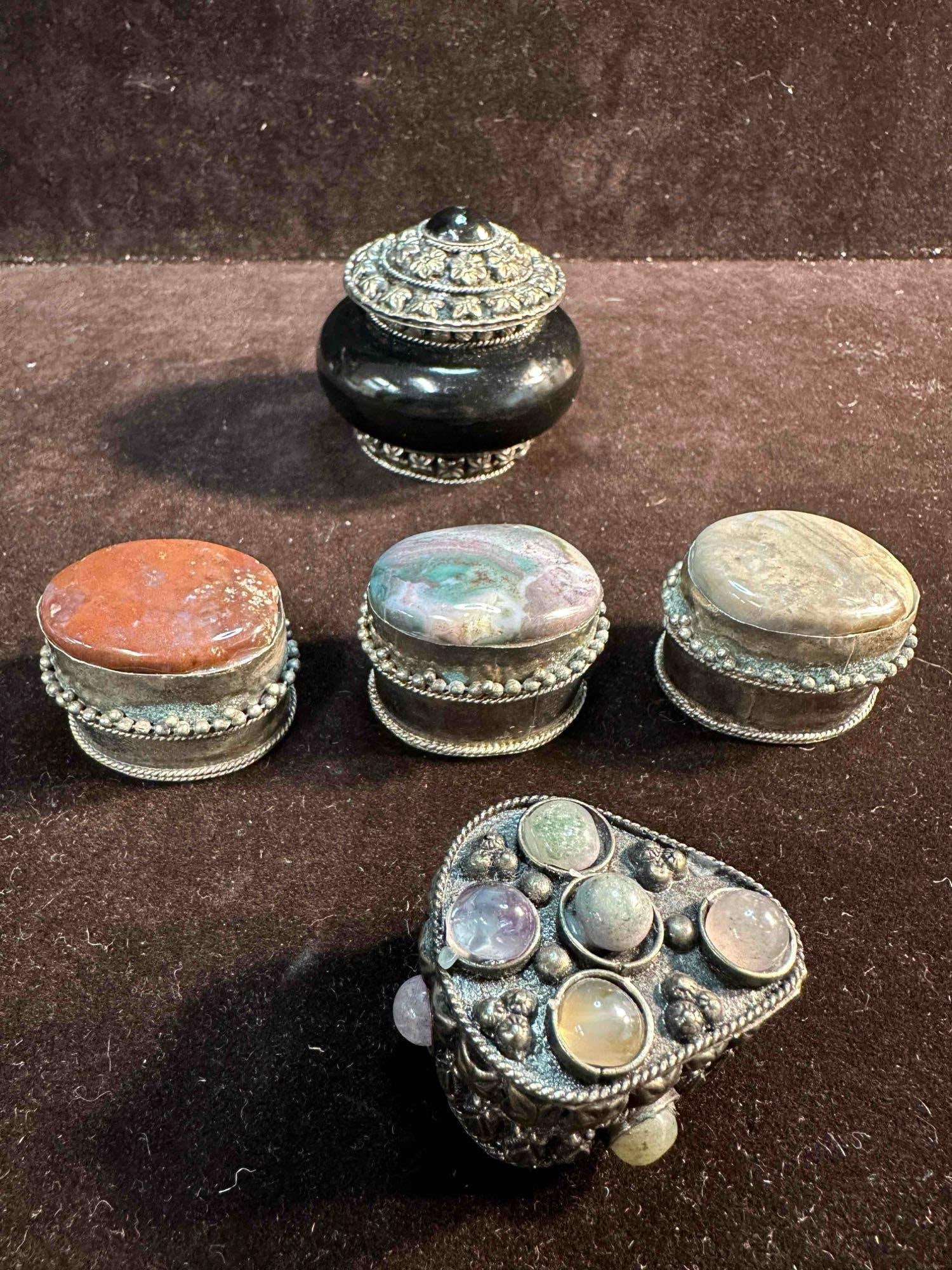 Pewter Pill Box Trinket Polished Gemstone Rocks Ring Jewelry Travel Organizer Set of Five (1 of 8)