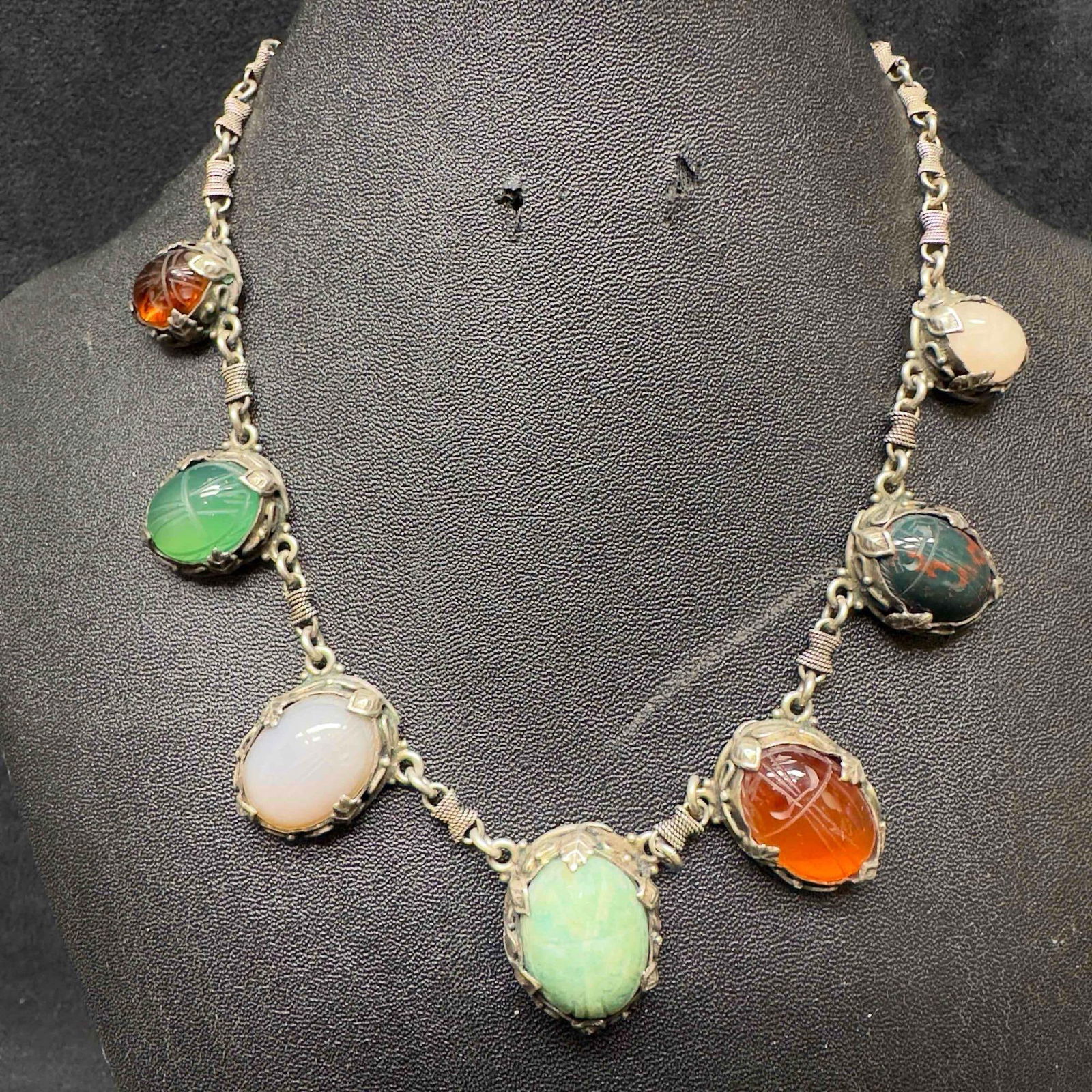 Scarab Beetle Seven Egyptian Hieroglyphs Gemstones Sterling Silver Necklace (1 of 10)