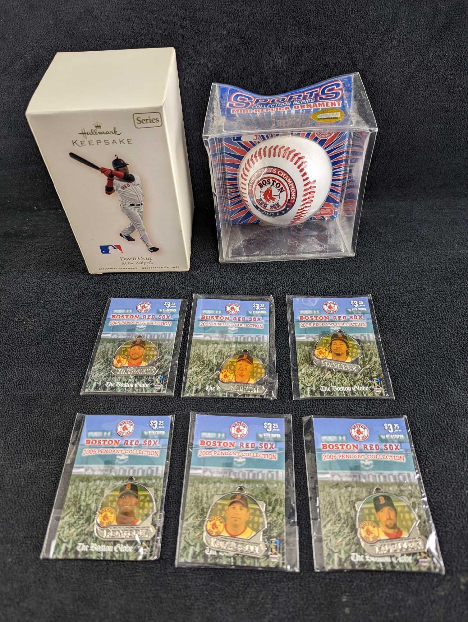 Boston Red Sox Baseball Ornaments & Pendants: This lot consists of: (6) Boston Globe 2005 Pendant Collection. Please see the images for the player listing. The medal pendants are still in their original packaging which is approx 2 1/4" x 3&#