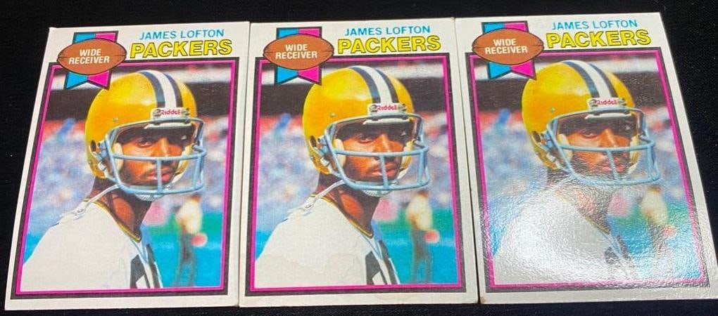 Lot of James Lofton Topps Cards: Lot of James Lofton Topps Cards 3 Topps football cards, featuring Green Bay Packers wide receiver James Lofton, from 1979. The cards are in ungraded good condition, with no known major damage. Please 