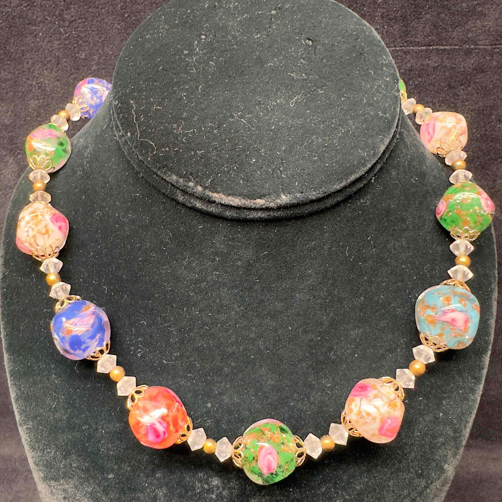 Murano Venetian Glass Lamp Work Clear Multi Colored Bead Copper Beaded Necklace A86 (1 of 9)