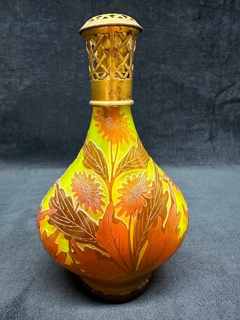 Loetz Lampe Berger Amber Flowers Signed: Loetz Lampe Berger Amber Flowers Signed Perfume lamp (lampe berger) by Loetz, signed C.a. Loetz. The piece was made circa 1918-1925, based on the signature and design. This lamp is a stunning example