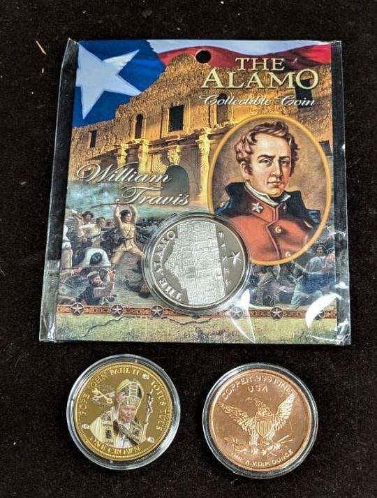 Pop John Paull II Alamo Buffalo Collector Coins: Pop John Paull II Alamo Buffalo Collector Coins. This lot includes: (1) History Of Pope John Paul II Totus Tuus Canonized Crown 1 Coin Medal. The coin is gold plated and is 39mm. The coin comes in an