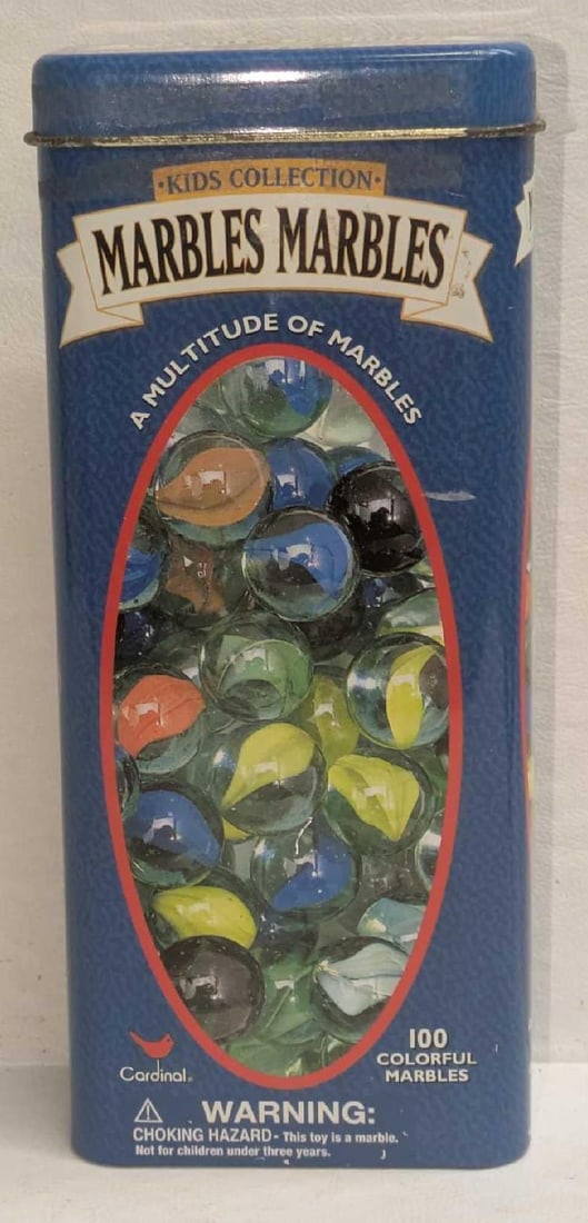 Kids Collection 91 Colorful Marbles By Cardinal: Kids Collection 91 Colorful Marbles By Cardinal. Comes in a tin that is approx 3" x 1 3/4" x 7" and it weighs 1.25lb. Has 91 marbles, and one is chipped.