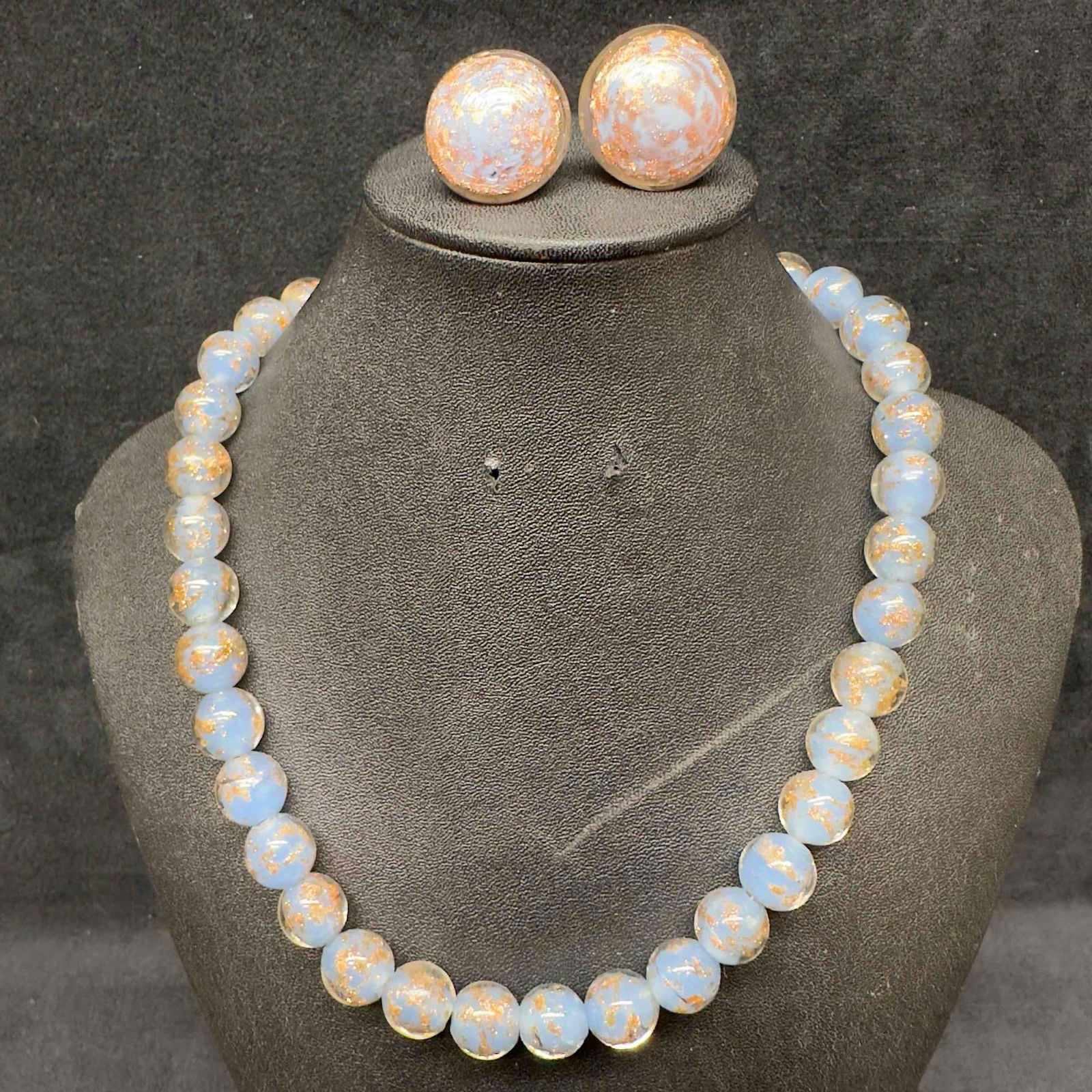 Venetian Murano Art Glass Lamp Work Light Blue Beaded Copper Accents Necklace and Earrings Set C90 (1 of 9)