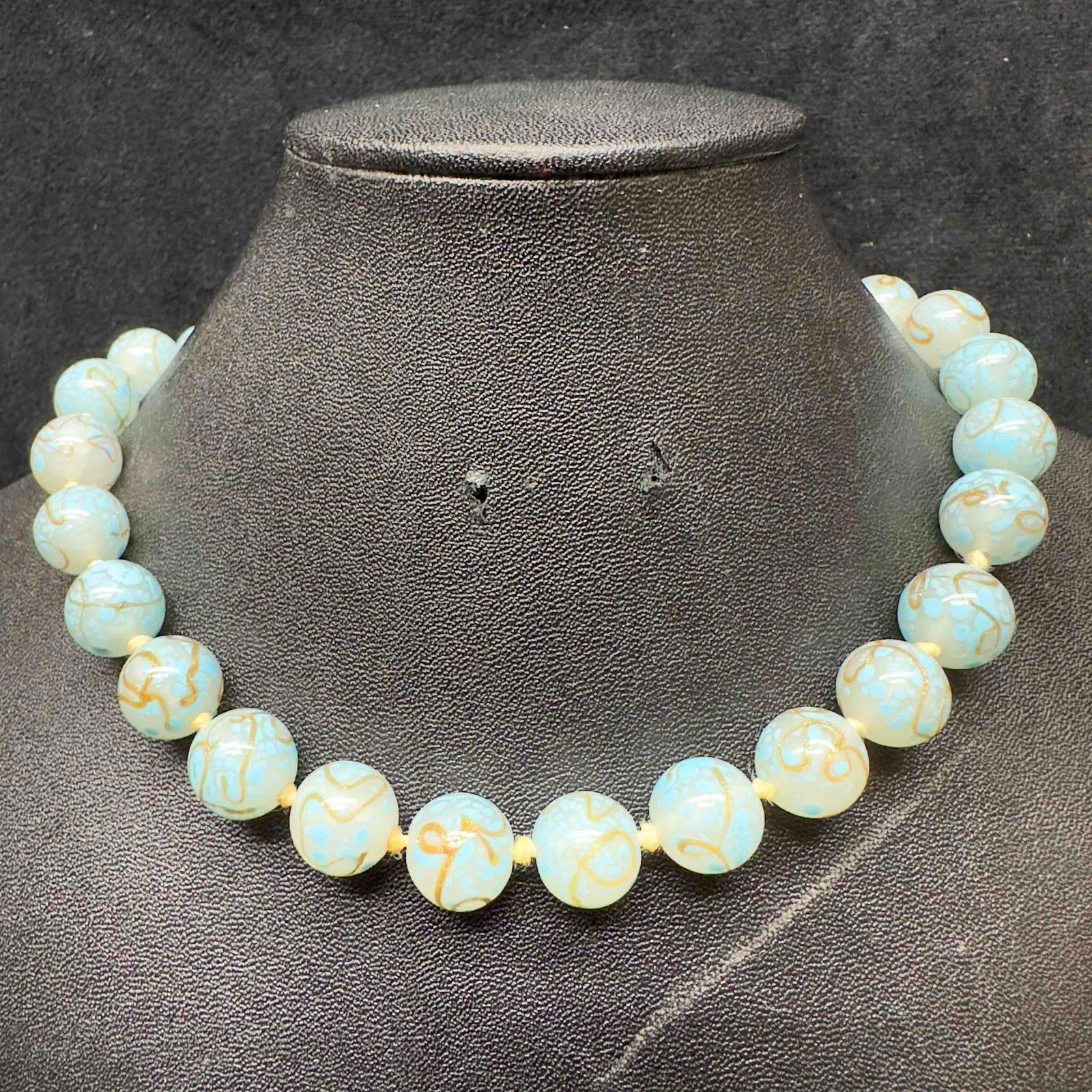 Venetian Murano Art Glass Lamp Work Light Blue Beaded Gold Swirl Accents Necklace C96 (1 of 7)