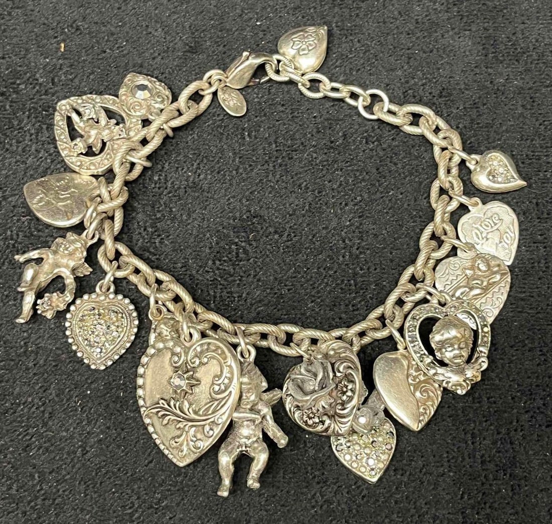 Signed Vintage Kirks Folly Silver Tone Heart & Cherub Charm Bracelet (1 of 9)