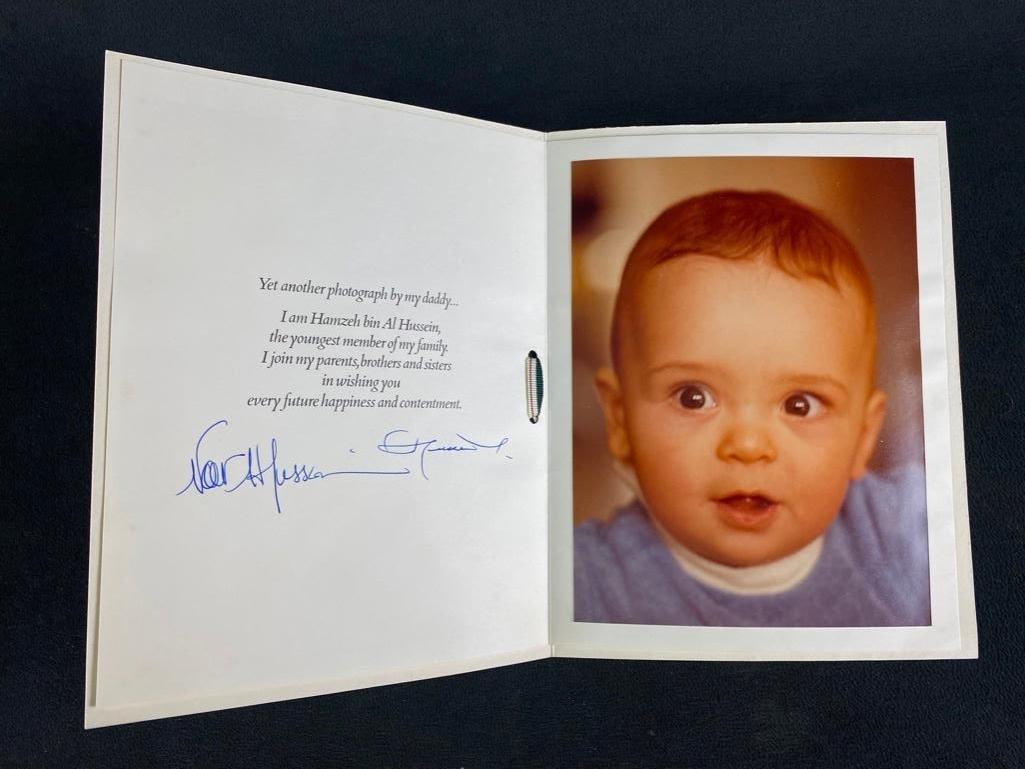 Card Signed by King Hussein of Jordan: Card Signed by King Hussein of Jordan Greeting card signed from the King of Jordan, Hussein bin Talab. It features the signature of the King and Queen of Jordan and a photograph of their young son, Pr