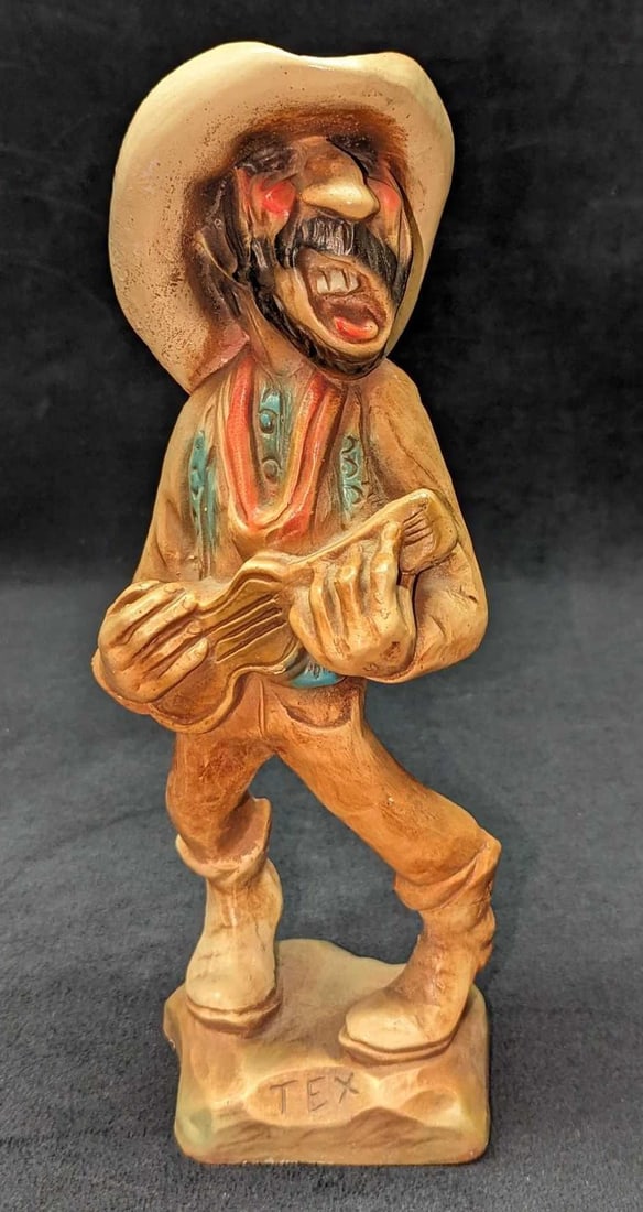 Vintage Chalk Tex Cowboy Figurine: Vintage Chalk Tex Cowboy Figurine. This is approx 4 1/2" x 4" x 11" and it weighs 1.42lb. There are some wear and small chips near the bottom of the figurine.