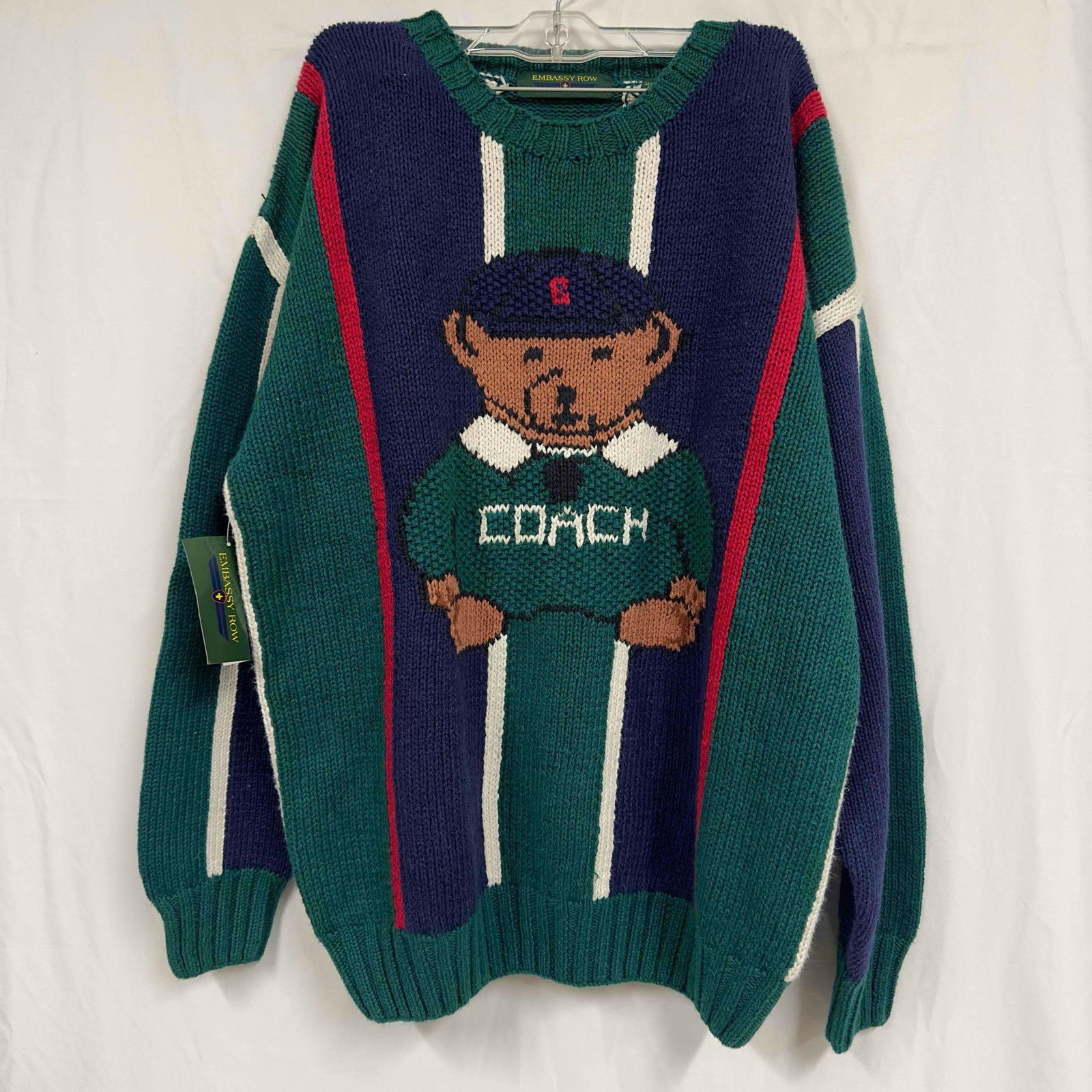 Embassy Row Pullover Sweater Teddy Bear Coach Linen Cotton Knit Large: Embassy Row Pullover Sweater Teddy Bear Coach Linen Cotton Knit Large. Original tags still intact. This item is in good pre-owned, previously displayed condition with light wear, and surface scratches