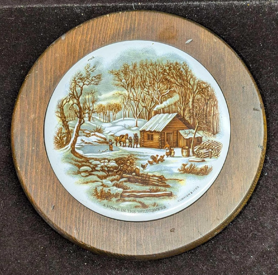 Vintage A Home In The Wilderness Wood Tile Trivet: Vintage A Home In The Wilderness Wood Tile Trivet. By Currier & Ives. This is approx 8 3/8" x 8 3/8" x 1" and it weighs 1.03lb. Has some markings and small chips from use. Can also be hung on a w