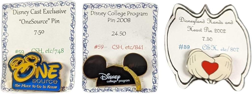 Disney Cast & College & Hands & Heart Pins: Disney Cast & College & Hands & Heart Pins. This lot includes: (1) Disney Cast One Source Pin. This is approx 2" x 2 1/4". (1) Disney College Program 2008 Pin. This is approx 2"