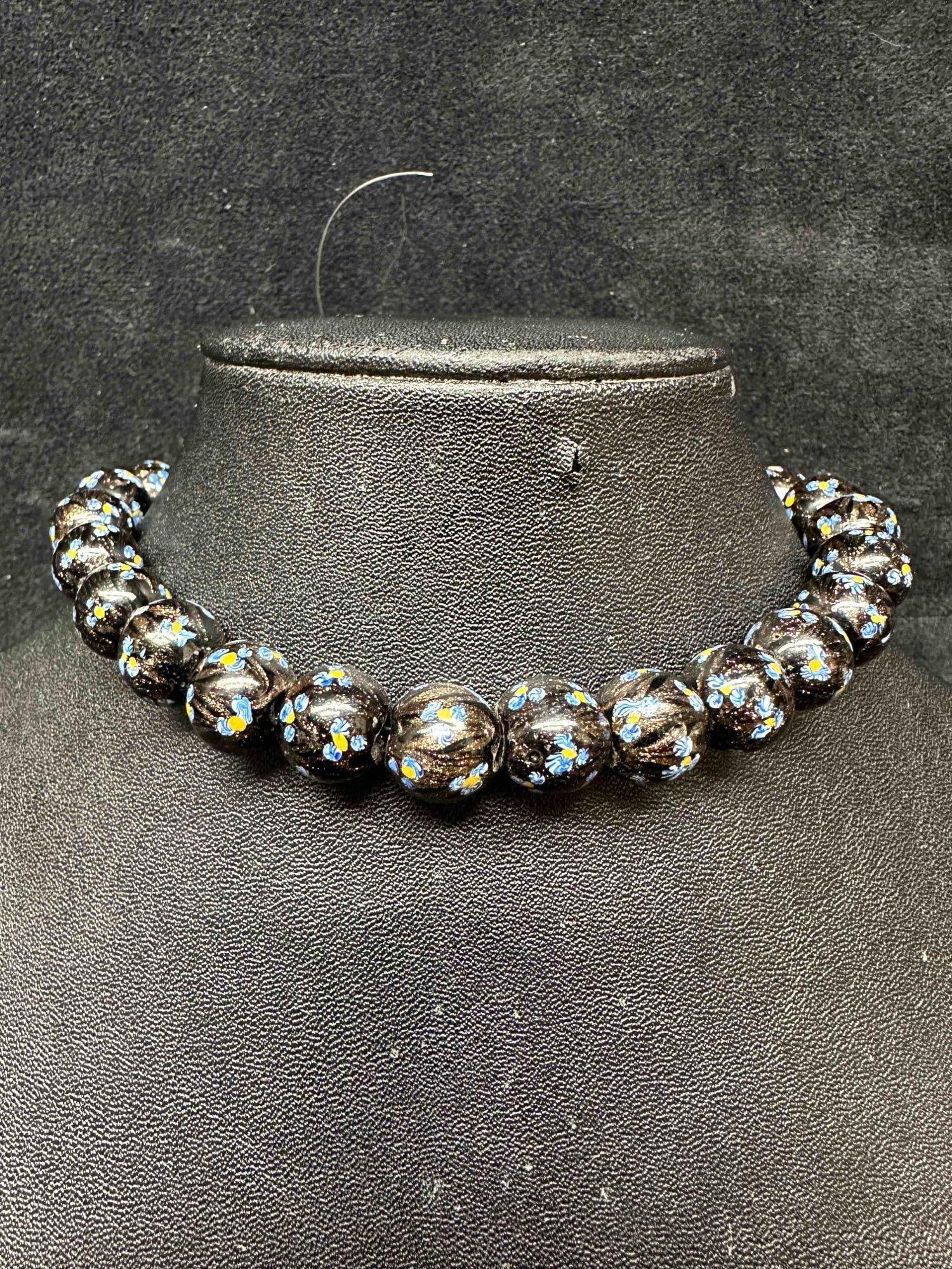 Murano Venetian Lamp Work Art Glass Black Blue Floral Copper Accents Round Bead Necklace F4 (1 of 9)