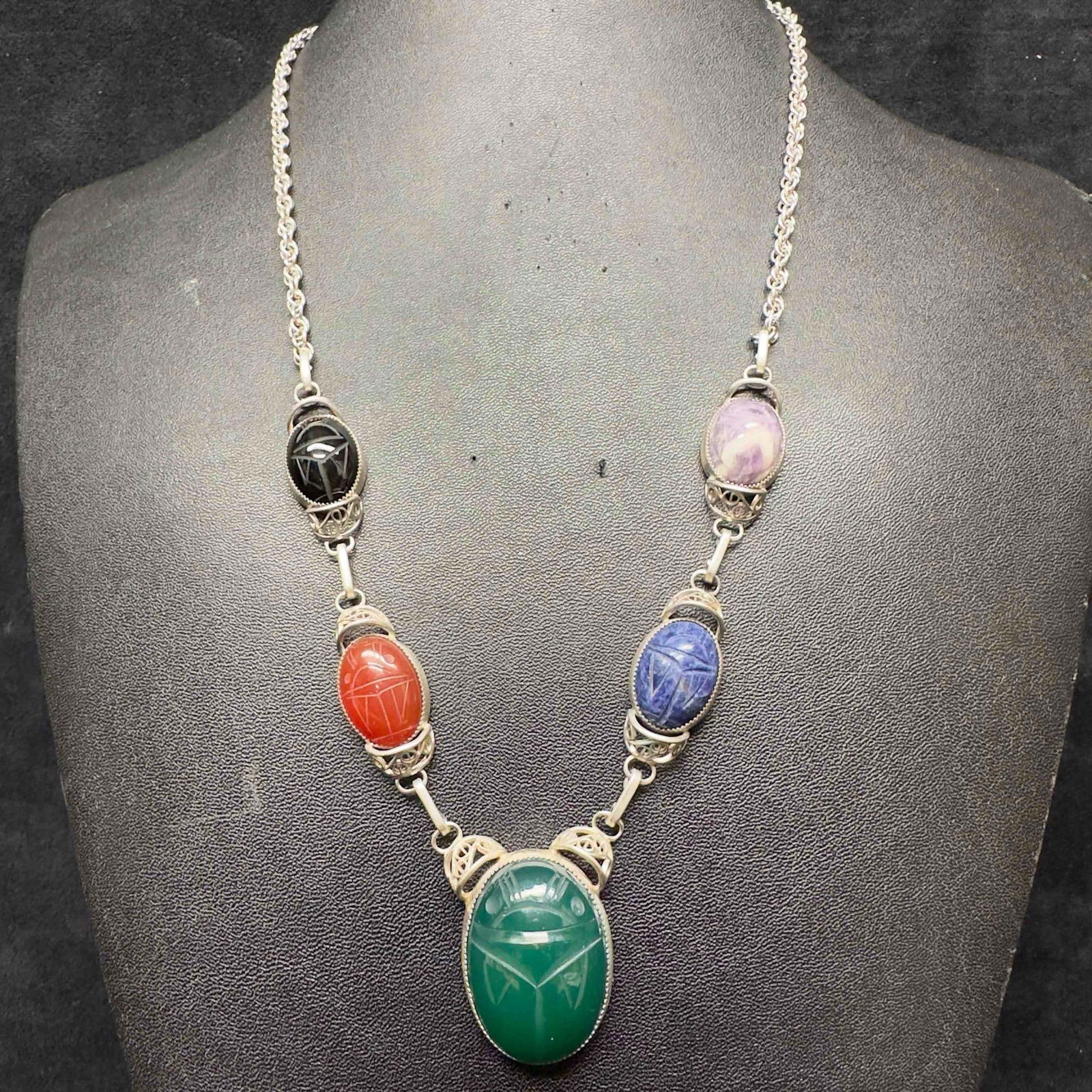 Scarab Beetle Gemstone Five Egyptian Hieroglyphs Gemstones Sterling Silver Necklace (1 of 12)