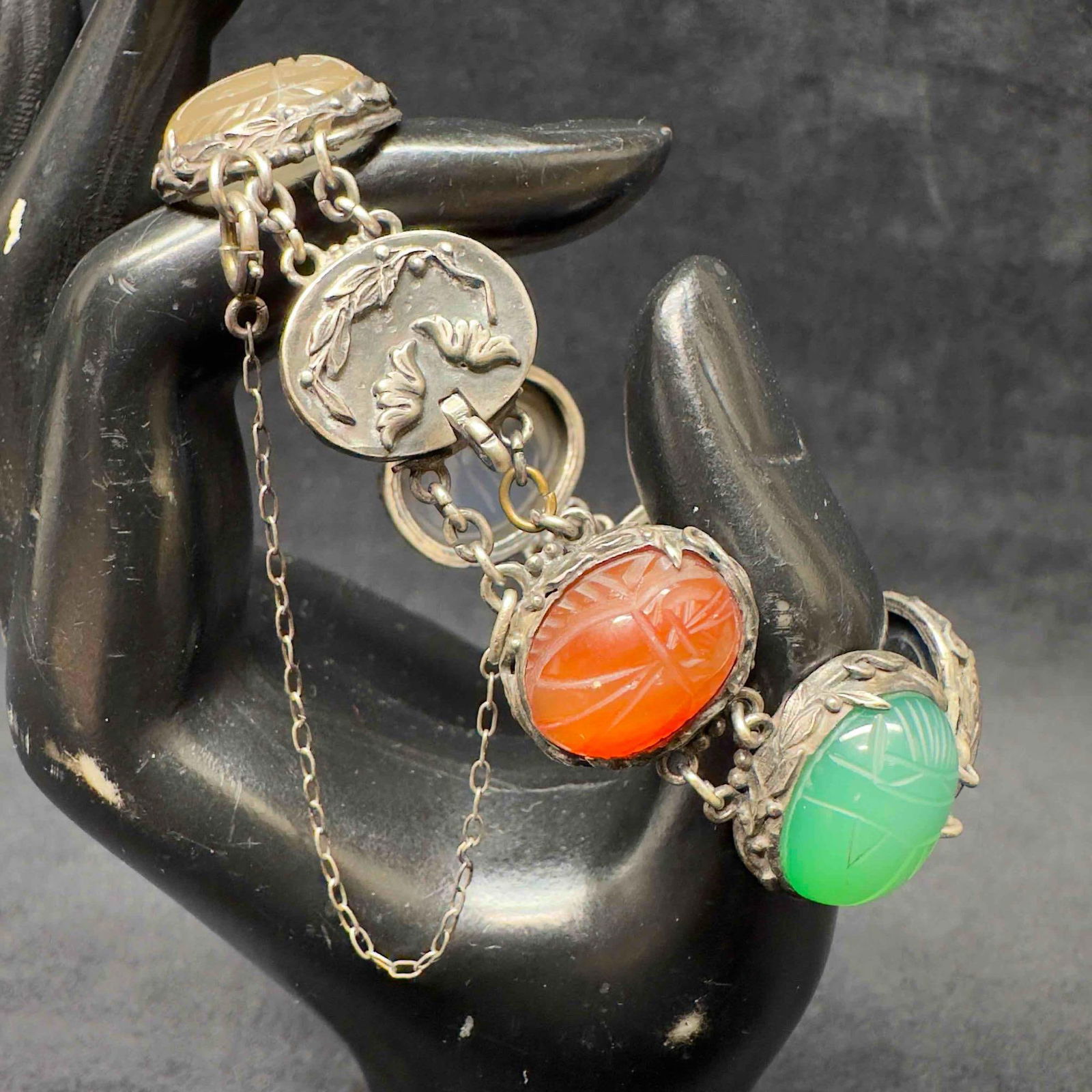 Scarab Beetle Seven Egyptian Hieroglyphs Gemstones Sterling Silver Bracelet (1 of 7)