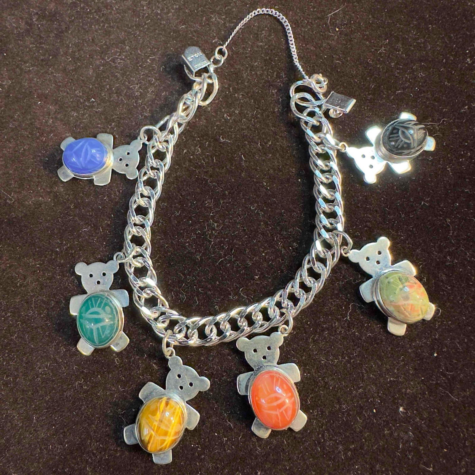 Scarab Beetle Six Egyptian Hieroglyphs Gemstones Teddy Bear Accent Sterling Silver Bracelet (1 of 10)